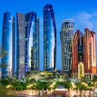 ABU DHABI, UNITED ARAB EMIRATES - FEB 13, 2019: Etihad Towers in Abu Dhabi, United Arab Emirates after sunset