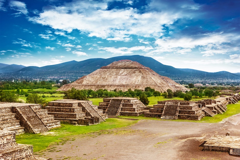 Pyramids of the Sun and Moon on the Avenue of the Dead, Teotihuacan ancient historic cultural city, old ruins of Aztec civilization, Mexico, North America.