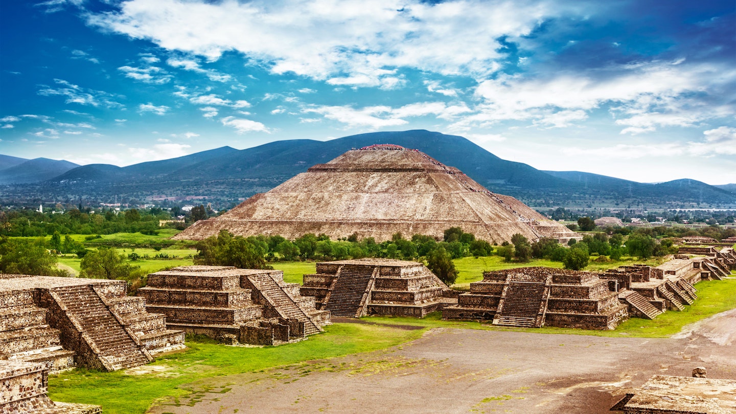 Pyramids of the Sun and Moon on the Avenue of the Dead, Teotihuacan ancient historic cultural city, old ruins of Aztec civilization, Mexico, North America.