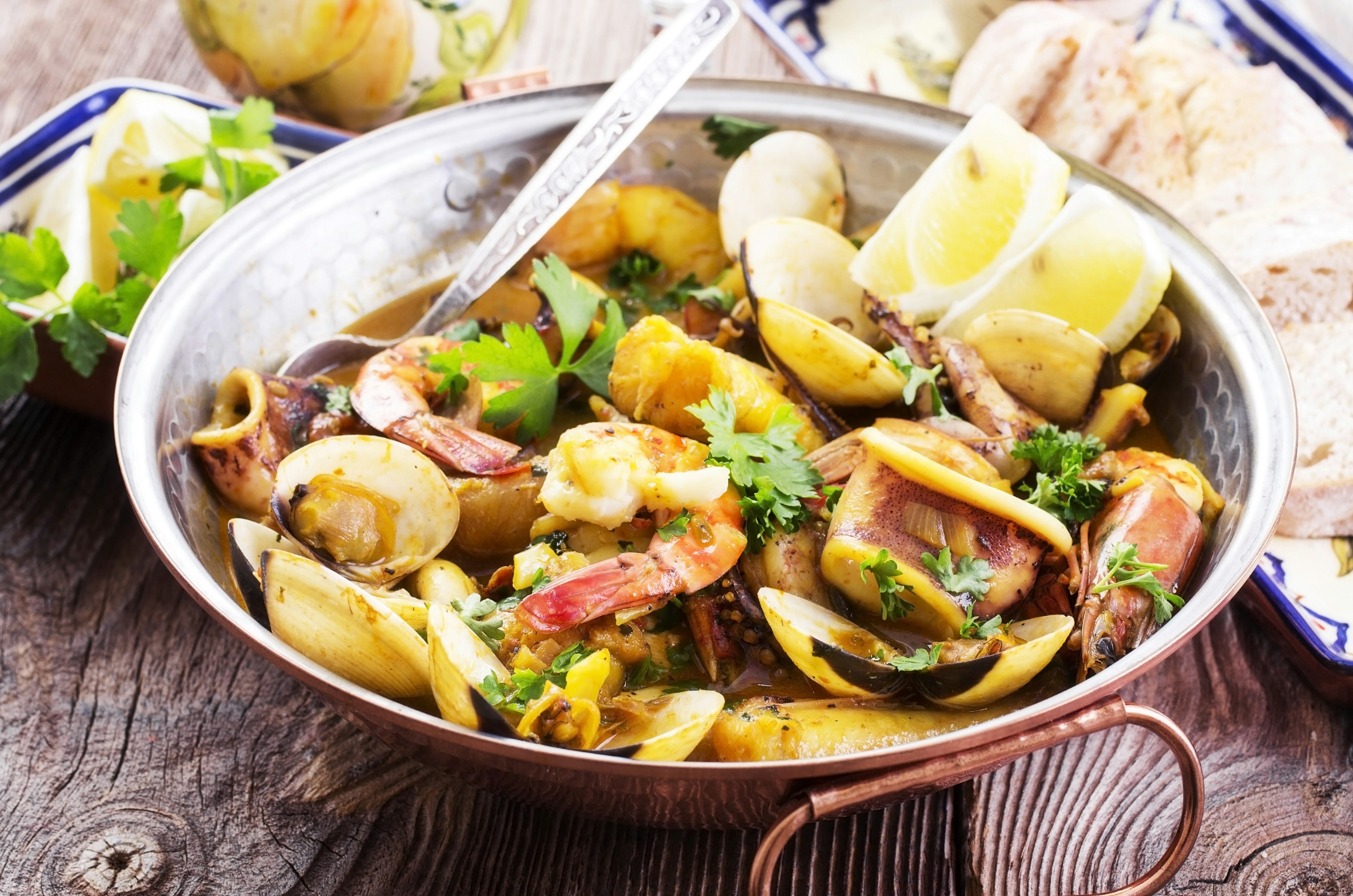 A seafood stew served in a large dish