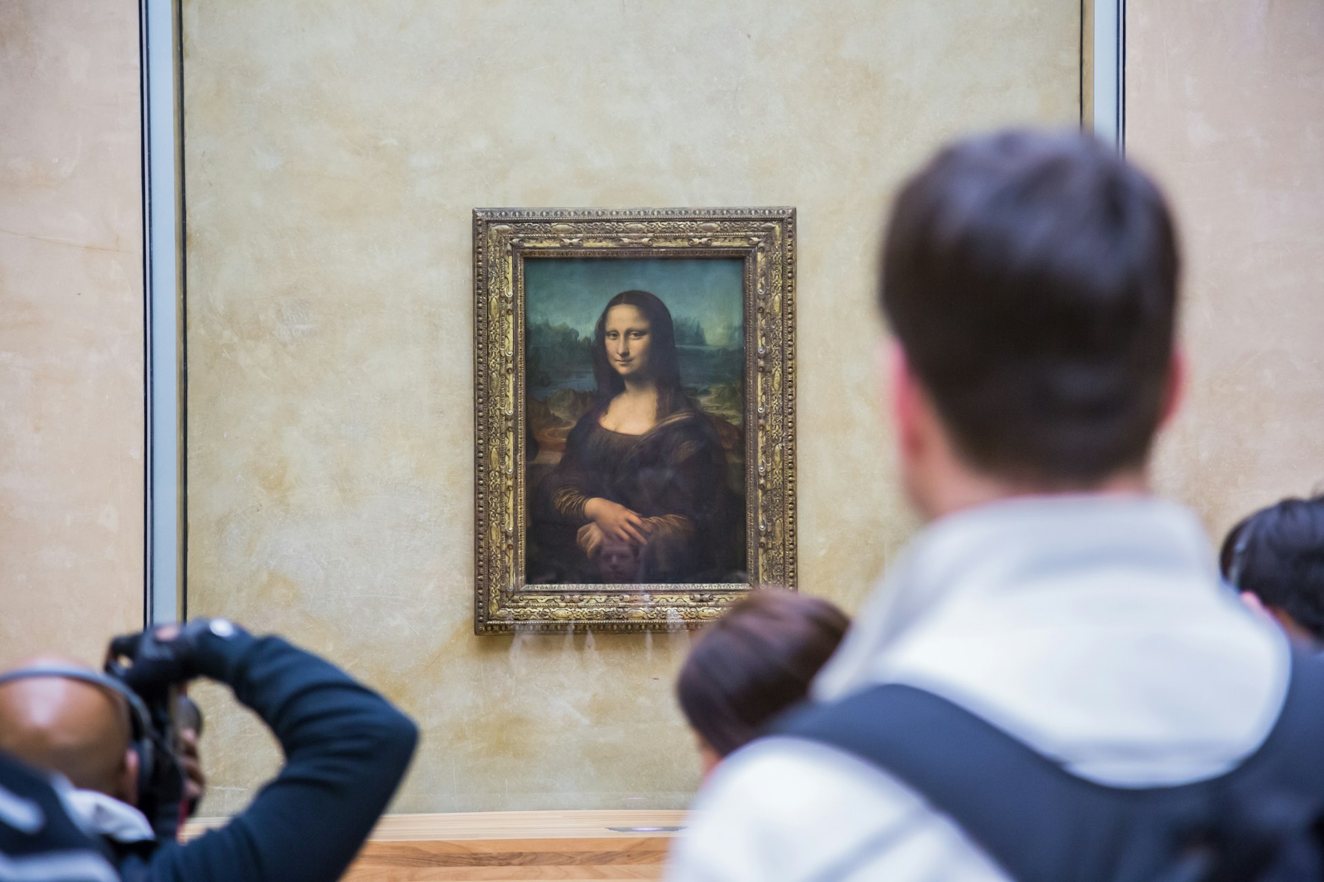 A crowd of people look at the Mona Lisa painting
