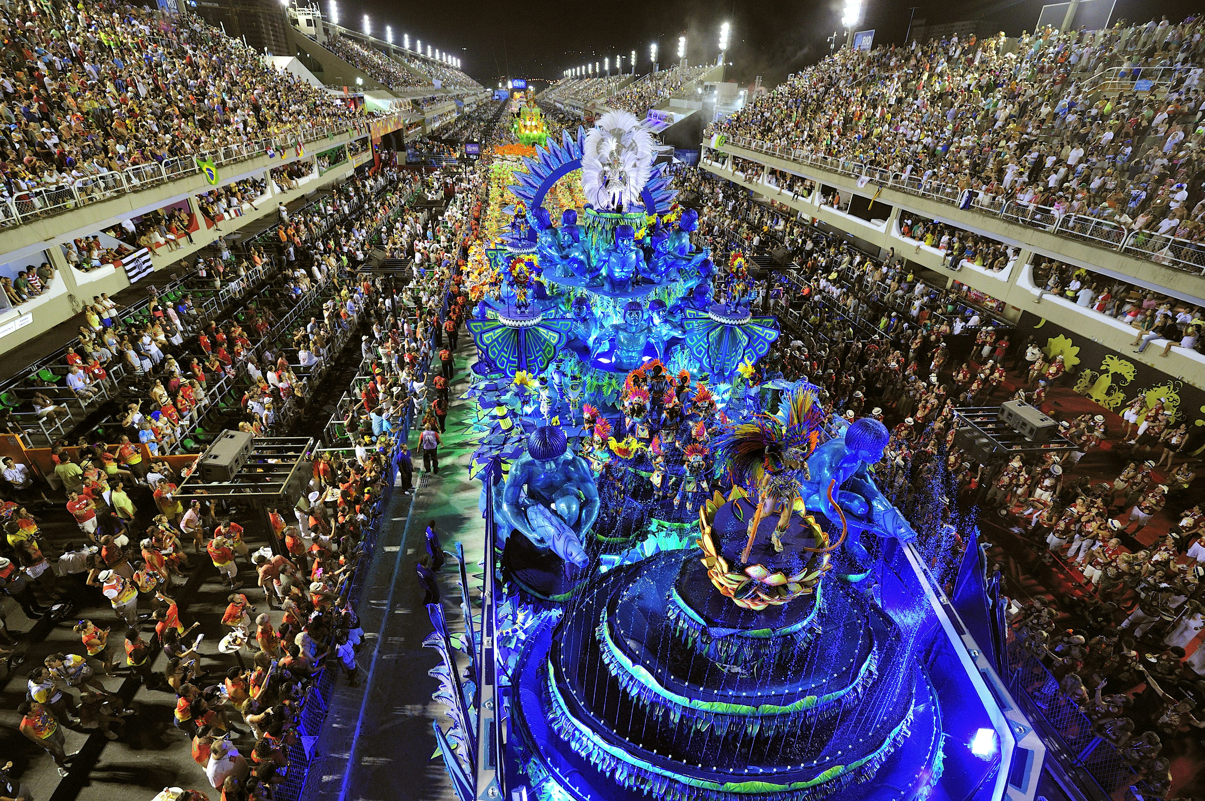 A samba school parading in Sambadromo, the carnival stadium in Rio de Janeiro