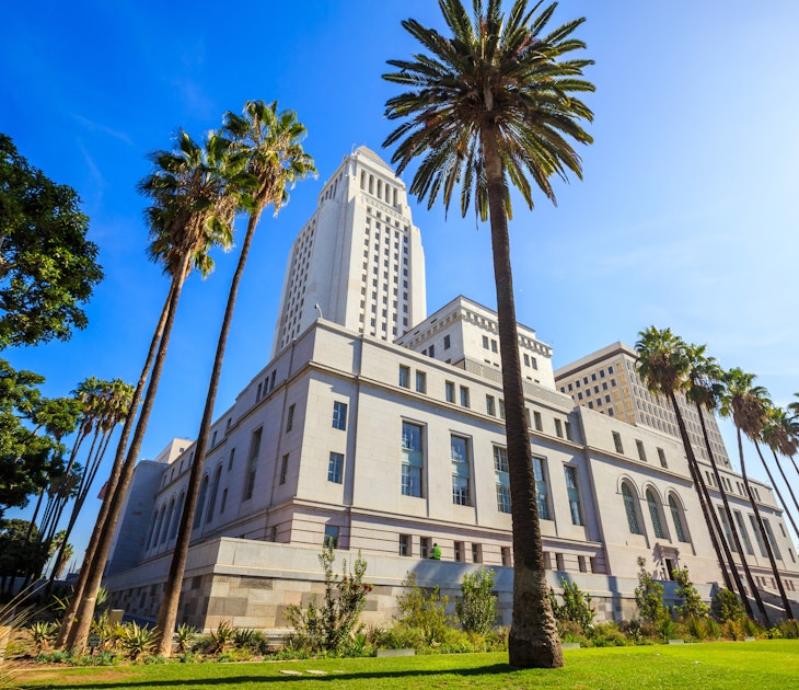Historic Los Angeles City Hall with blue sky, CA USA
