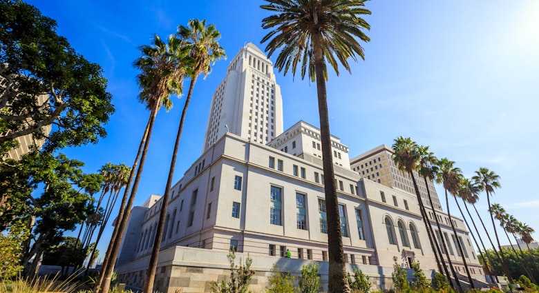 Historic Los Angeles City Hall with blue sky, CA USA