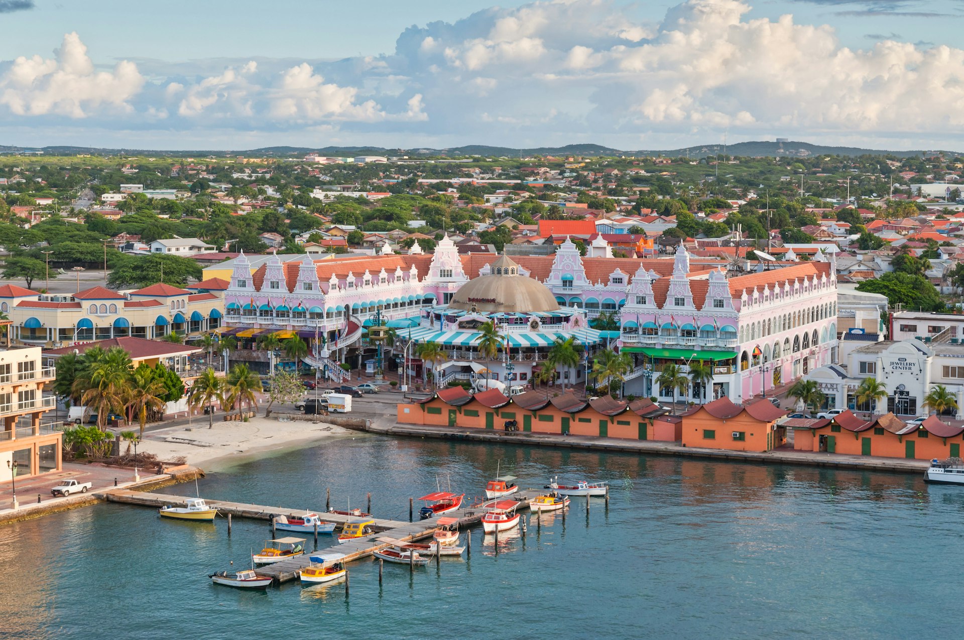 View from above of colorful buildings in Oranjestad on the island of Aruba