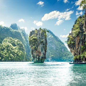 Panorama of limestone karst mountains at James Bond Island in Phang Nga Bay.