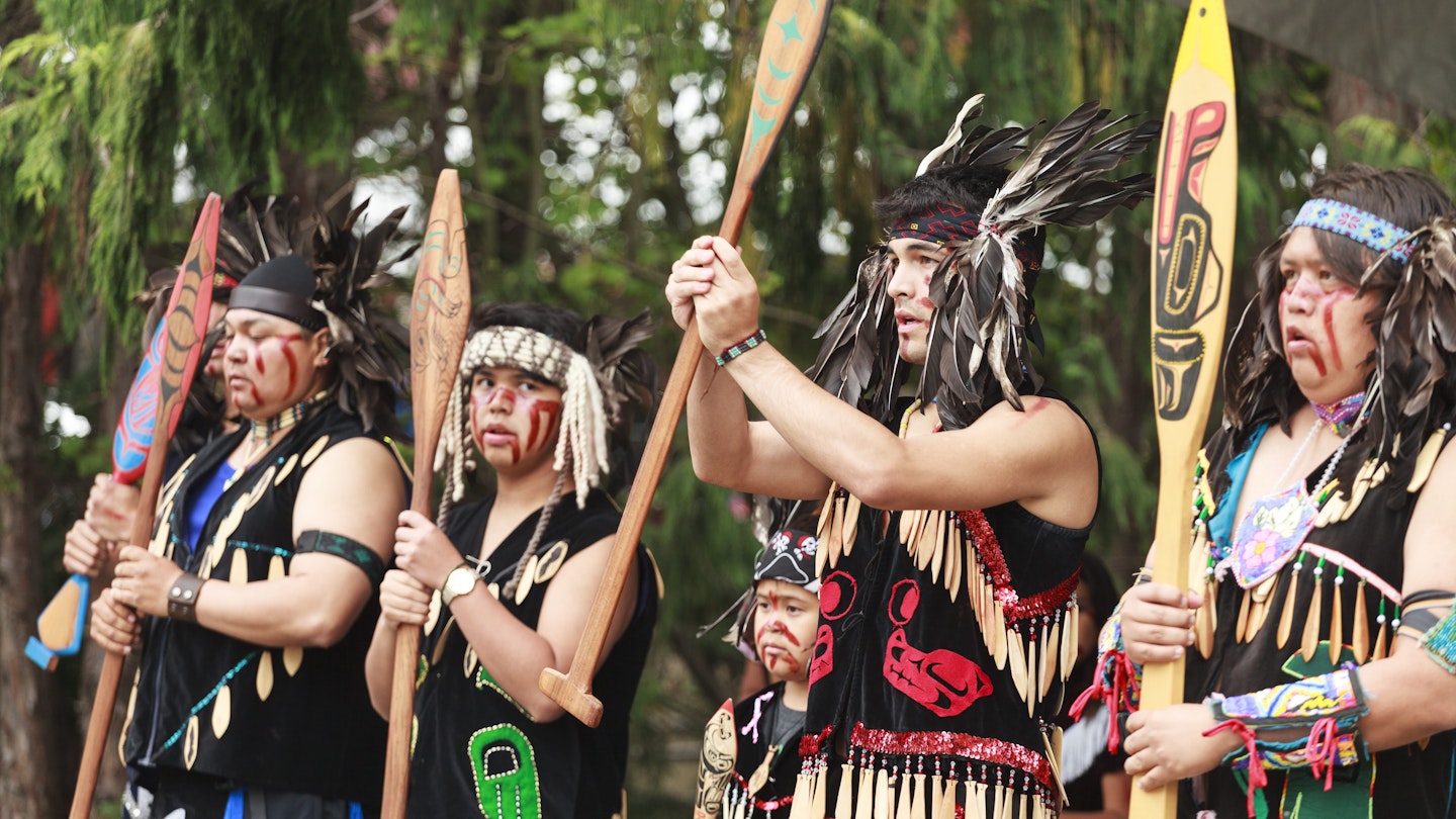 JUN 18, 2016: First Nation (Native) dancers performing at the Victoria Aboriginal Cultural Festival at the Royal BC Museum in the heart of downtown Victoria.