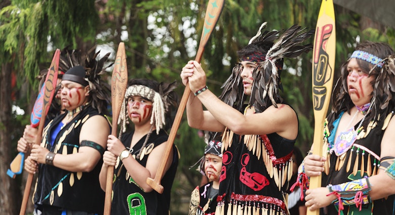 JUN 18, 2016: First Nation (Native) dancers performing at the Victoria Aboriginal Cultural Festival at the Royal BC Museum in the heart of downtown Victoria.