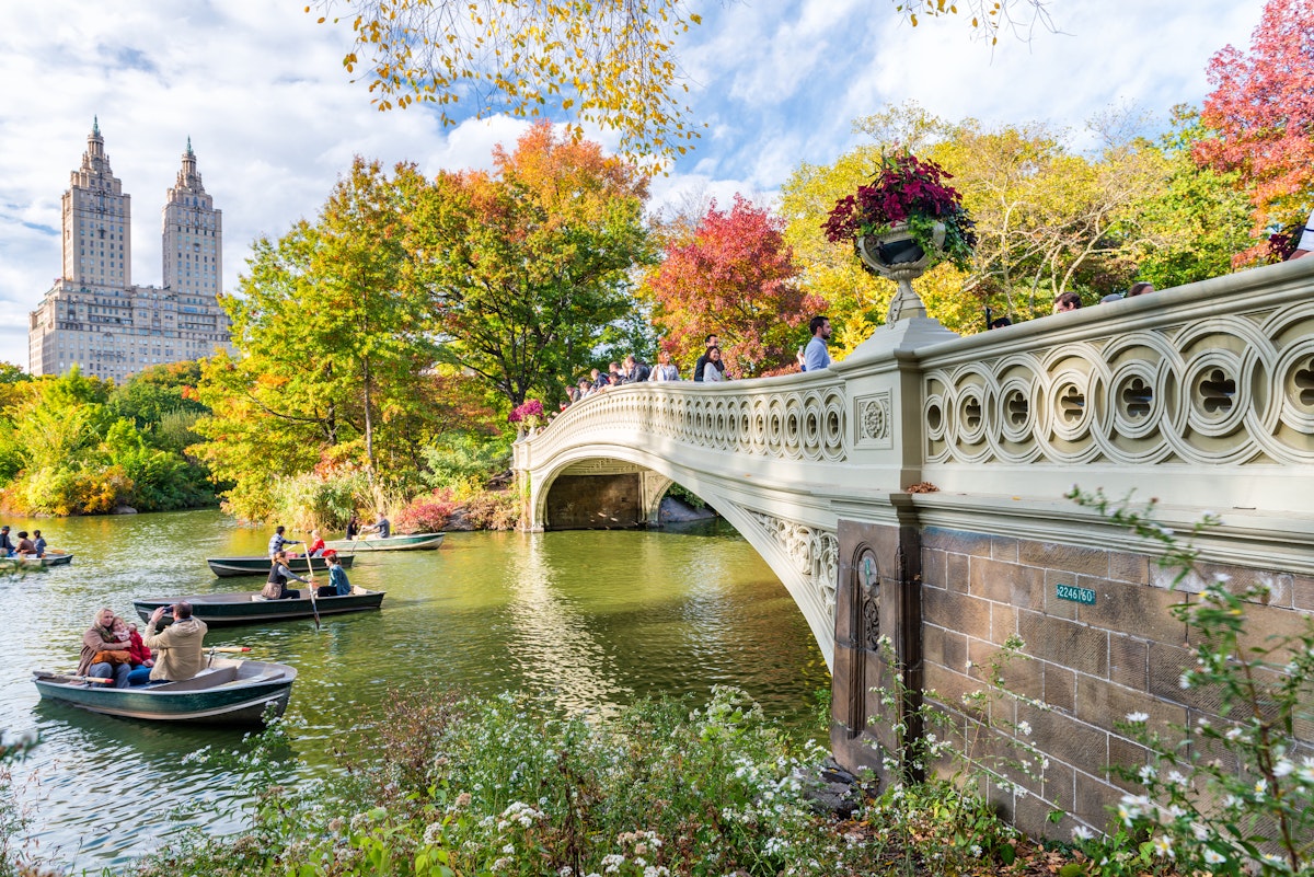 2015年10月：游客在中央公园的一座桥附近划船。