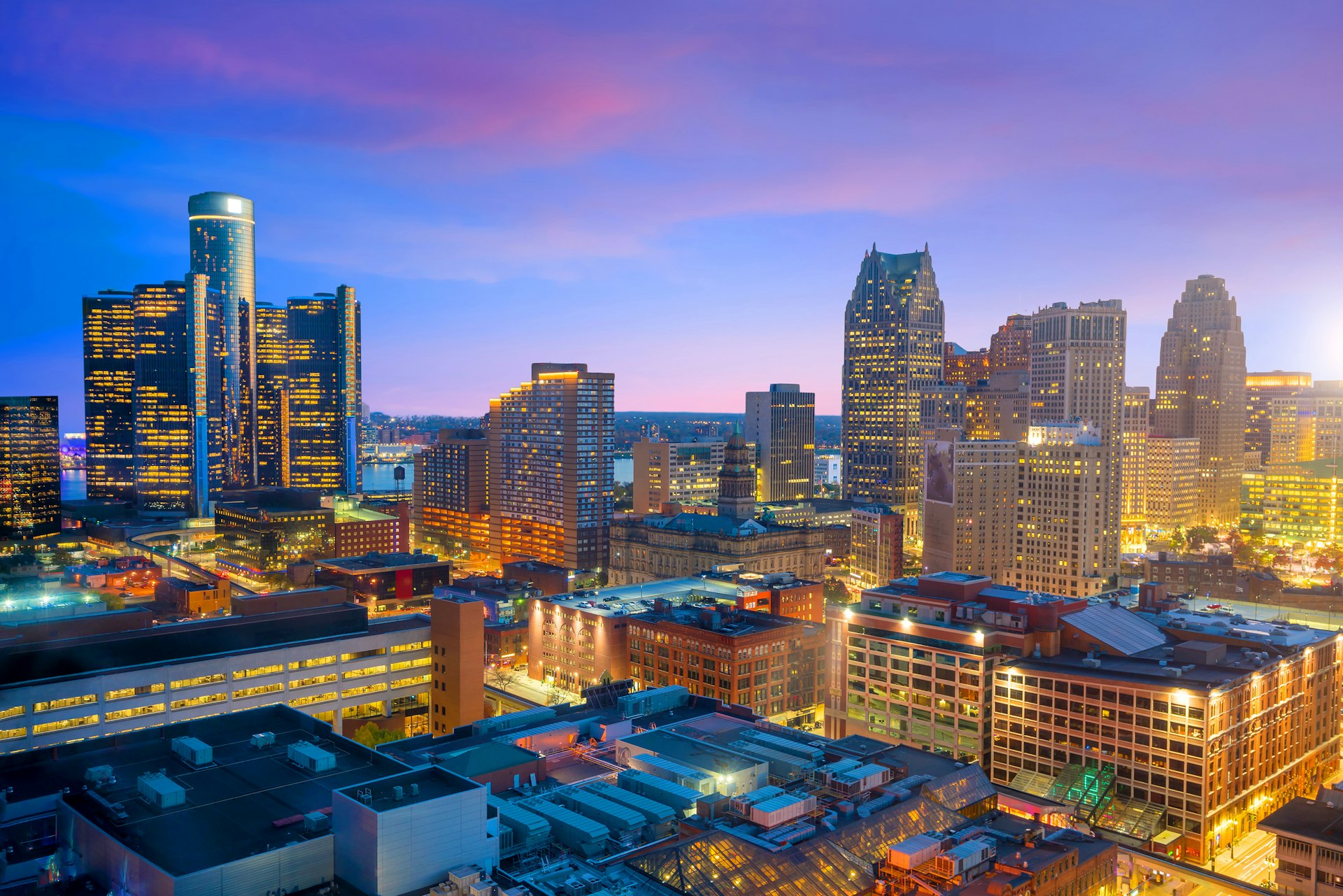 Aerial view of downtown Detroit at twilight