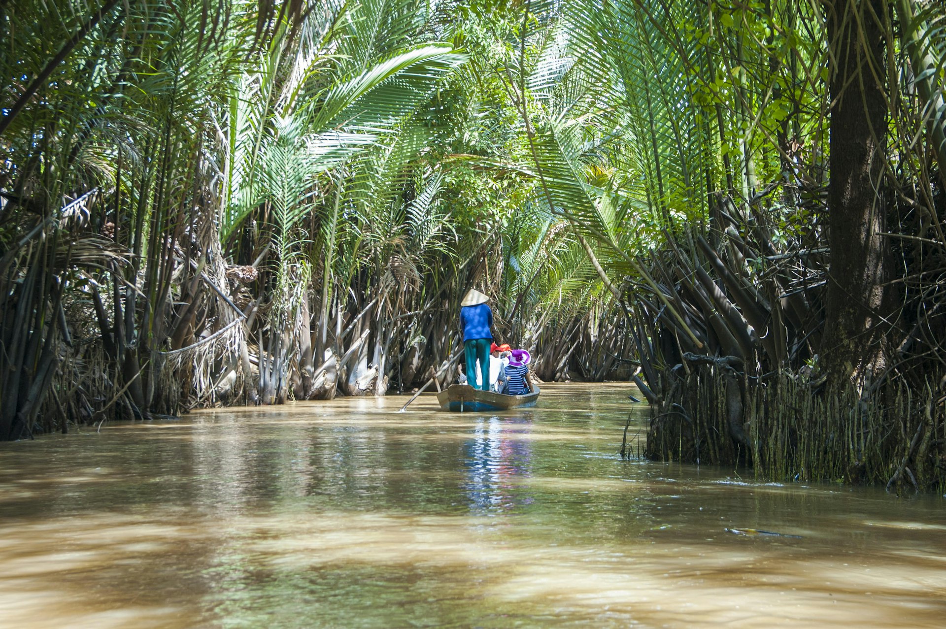 A small boat is being steered along a waterway by a person wearing a conical hat. Trees have grown over the water to form a tunnel 