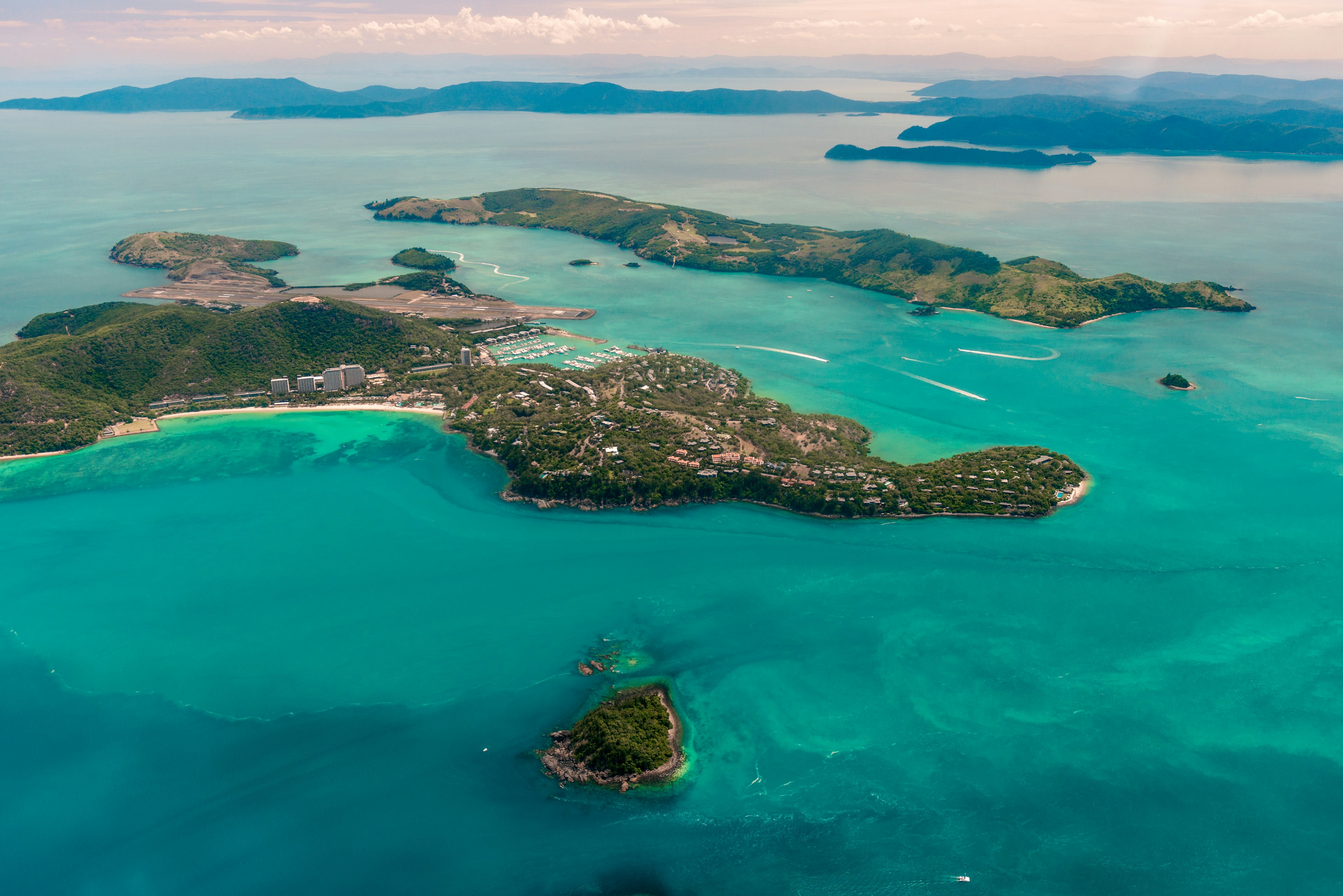 An aerial view of Hamilton Island Resort in the Great Barrier Reef