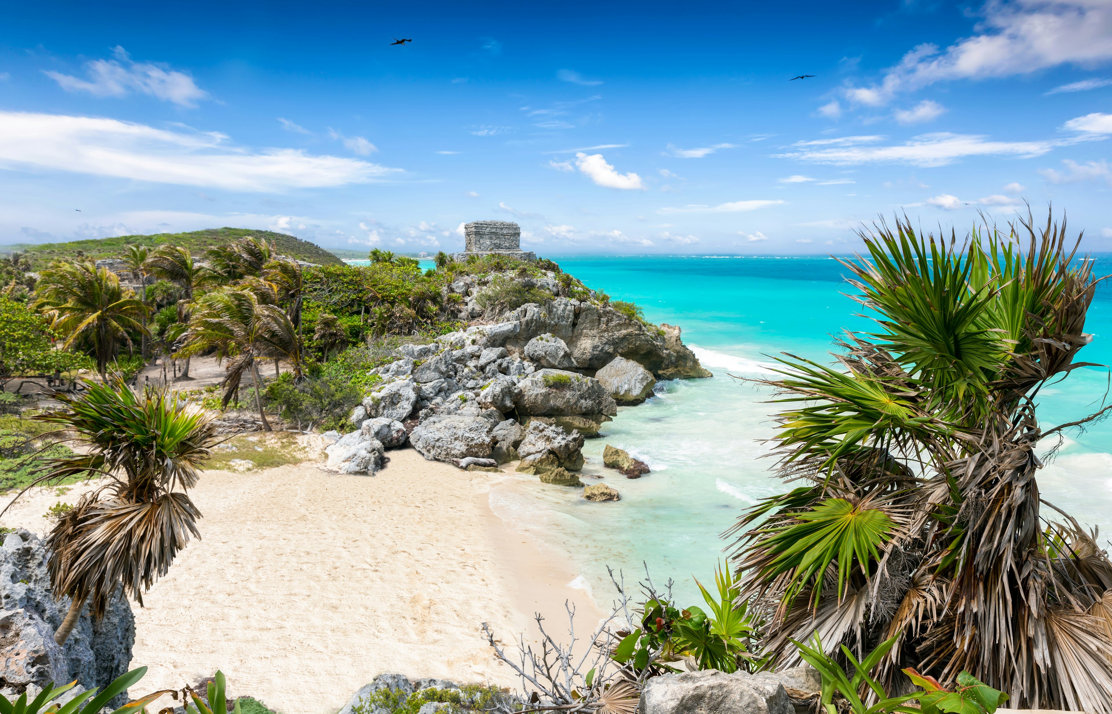 Maya ruins on the tropical beach of Tulum, Mexico