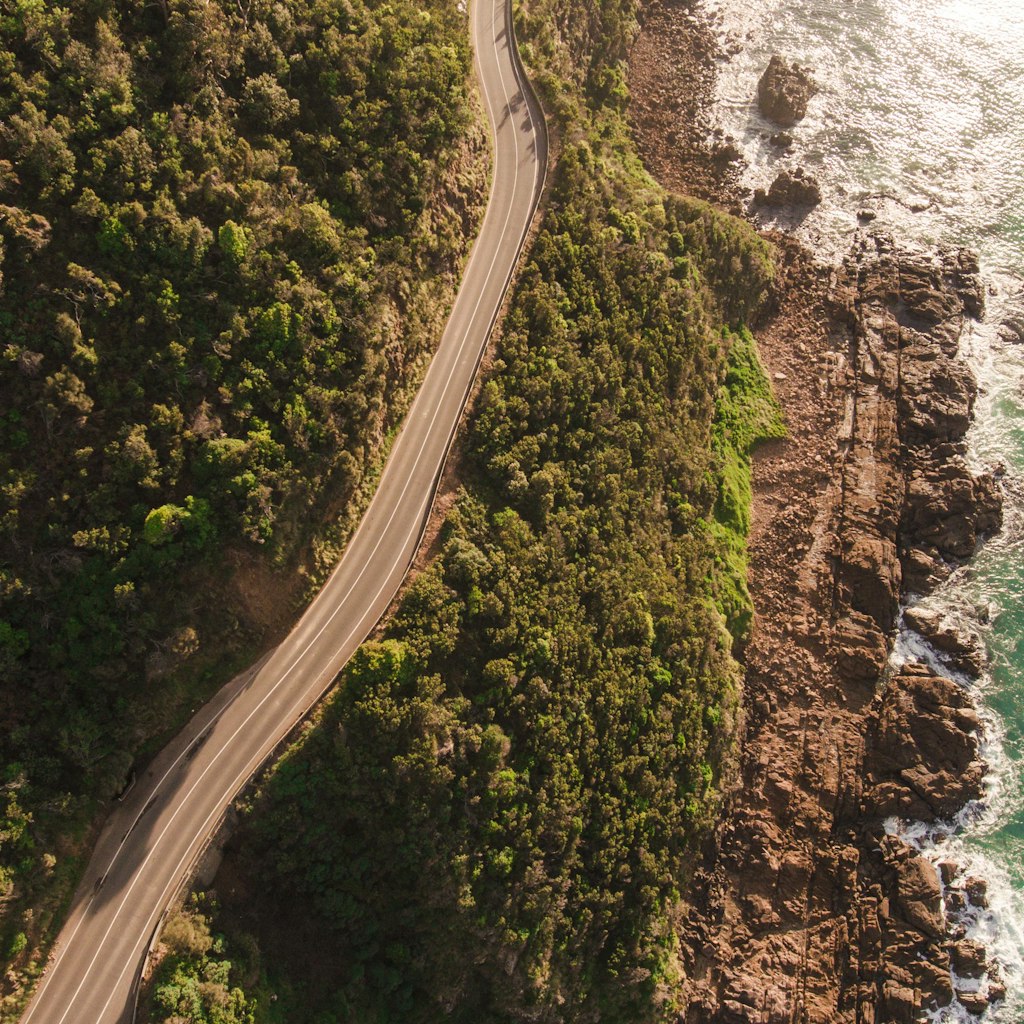 Aerial of a coastal section of the Great Ocean Road.