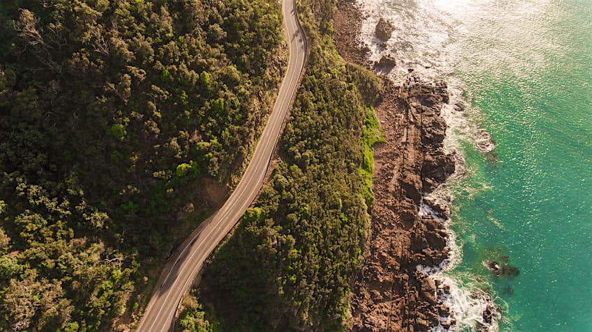 Aerial of a coastal section of the Great Ocean Road.