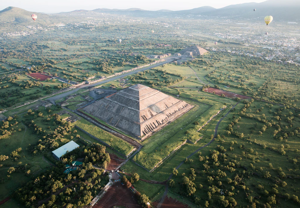 Aerial of Teotihuacan, as seen from an air balloon. The Sun's Pyramid is at the front and the Moon's Pyramid can be seen at the back. 