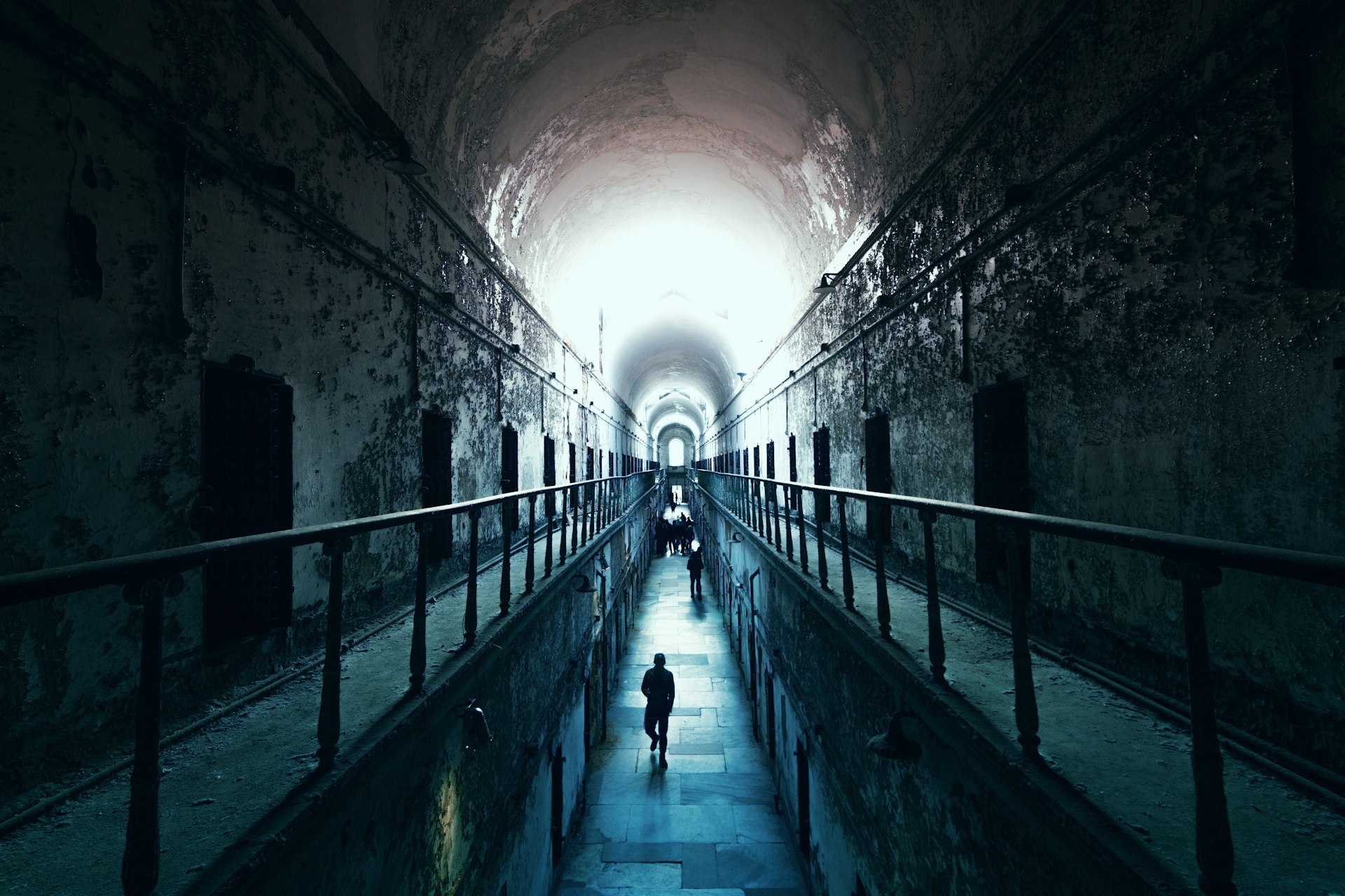 Eerie view of the old and abandoned cell block in Eastern State Penitentiary in Philadelphia. 