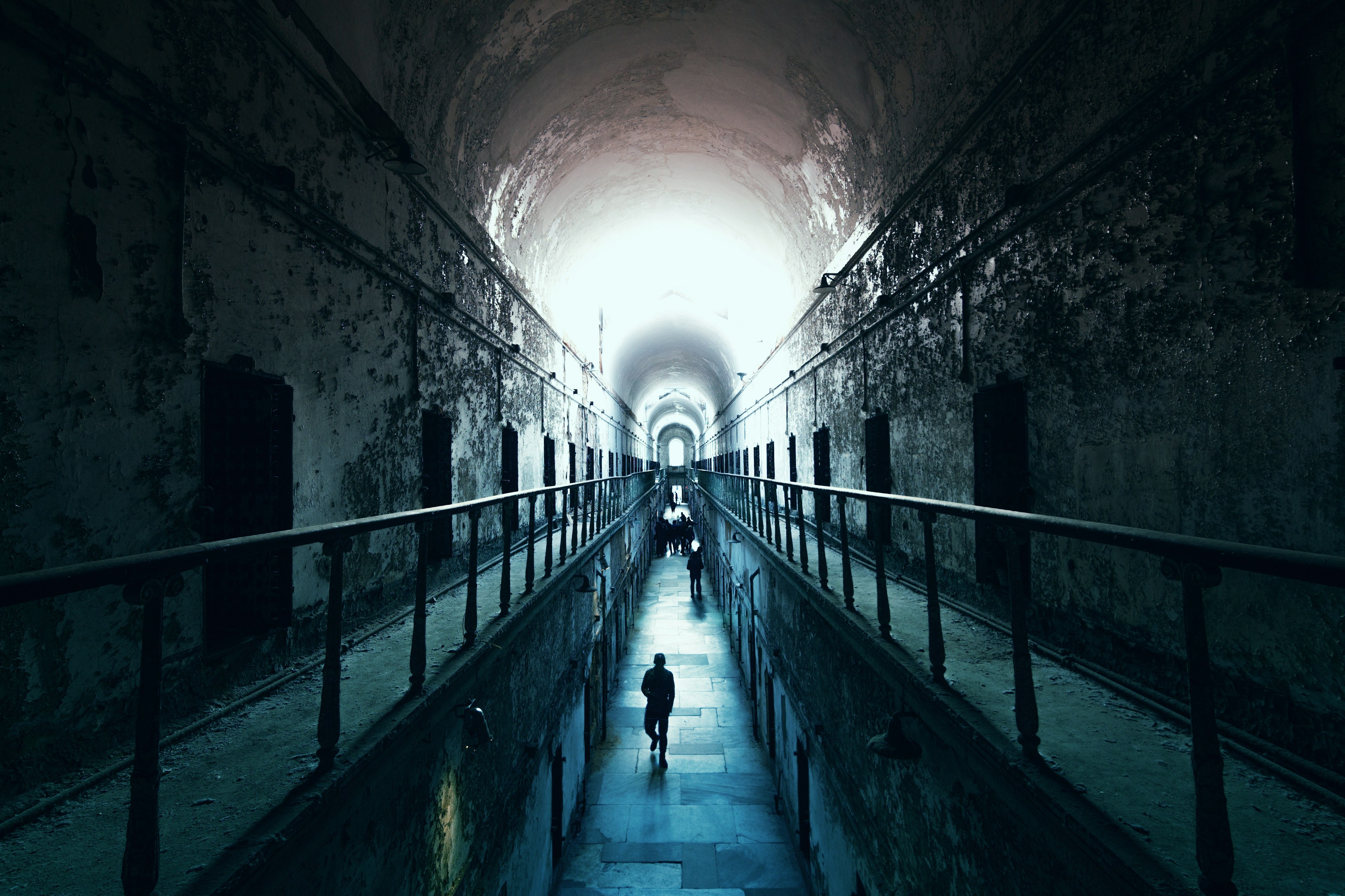 Eerie view of the old and abandoned cell block in Eastern State Penitentiary in Philadelphia.