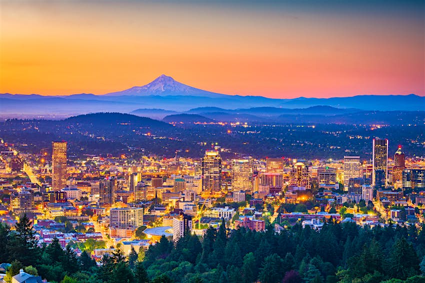 The skyline of Portland, Oregon, with Mt Hood in the distance