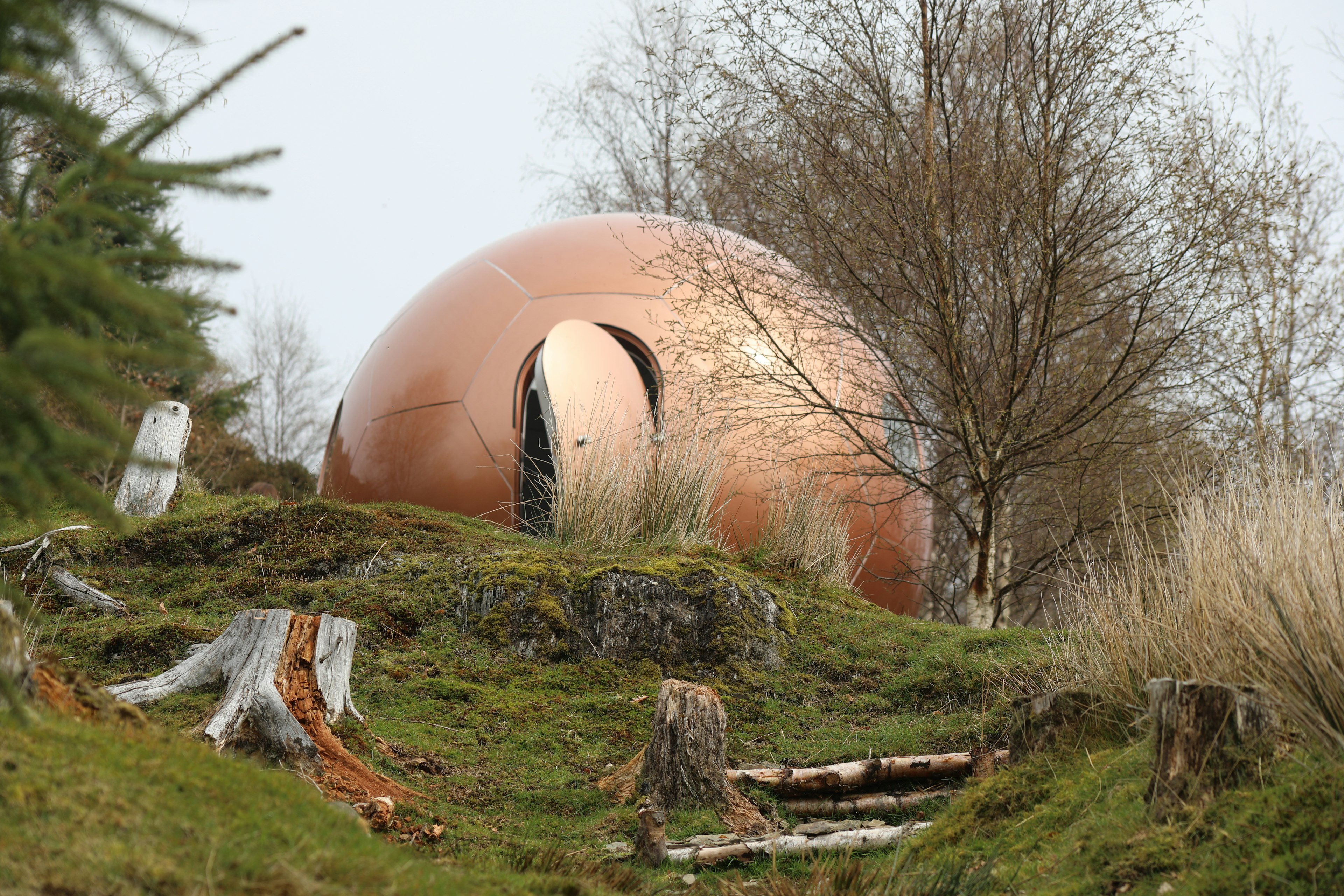 A spherical copper-colored hut tucked among trees