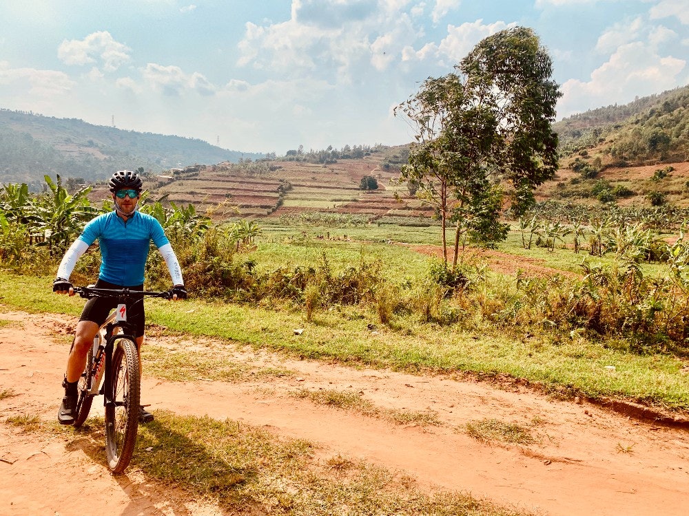 Corey Rabideau on a bike in Rwanda