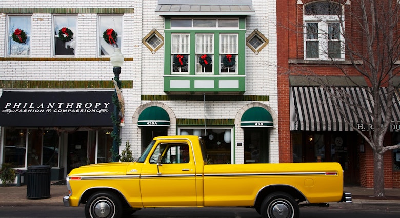 Historic Main Street with antique Yellow Pickup Truck in Franklin, Tennessee, a suburb south of Nashville, Williamson County, Tenn.
