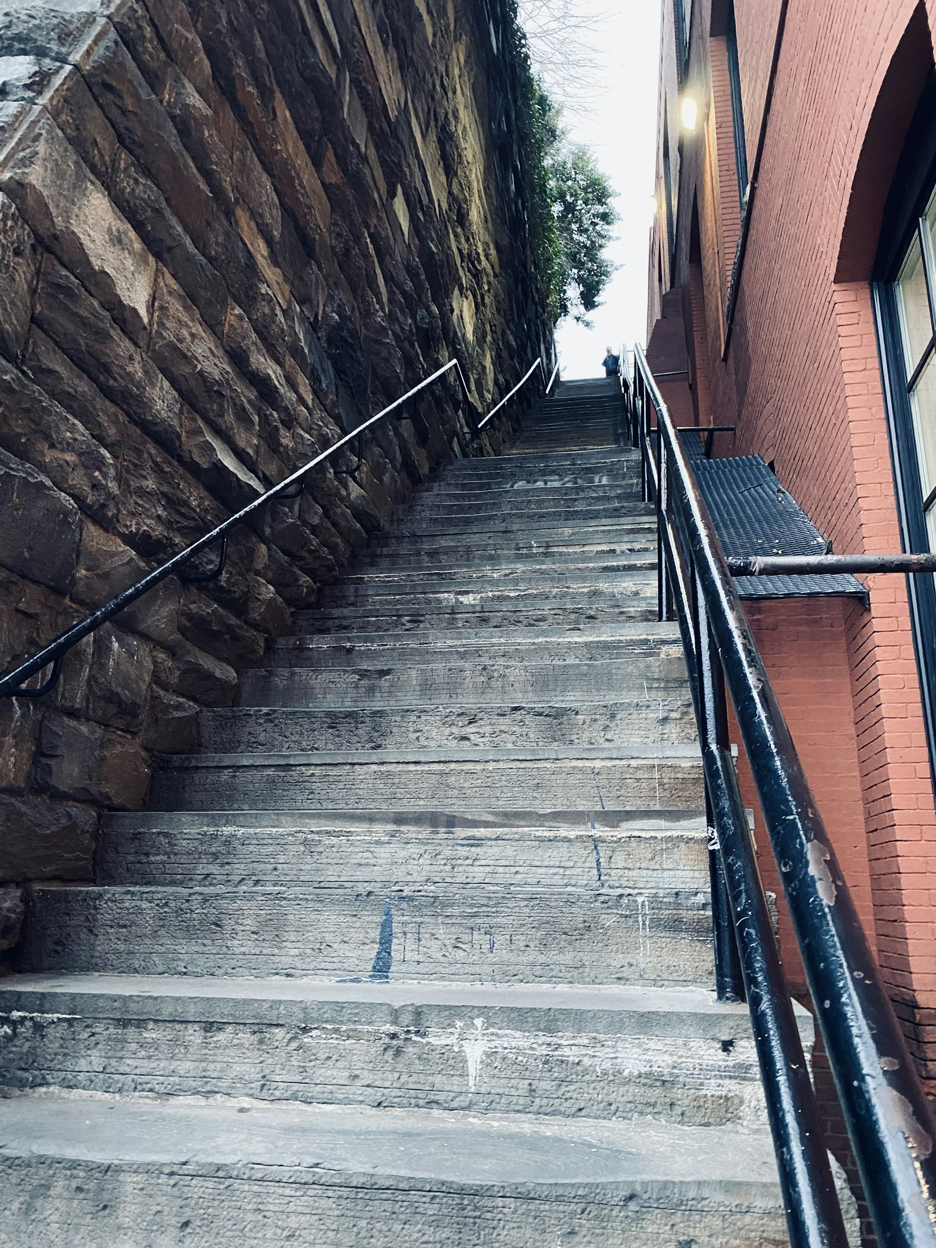 A show upwards to a set of narrow stone steps with black iron railings either side - The Exorcist Steps