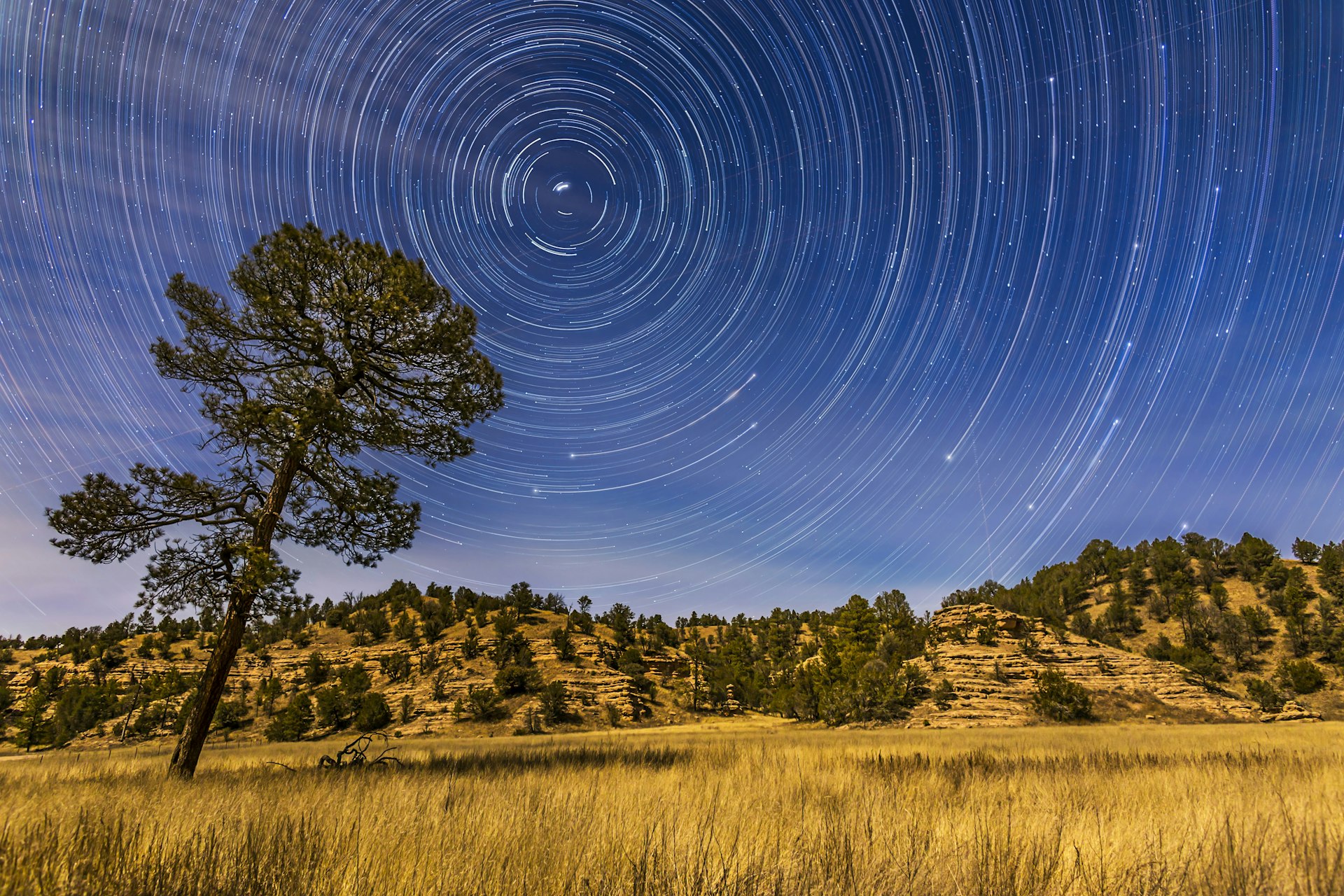 A long exposure showing star trails over a desert landscape at night