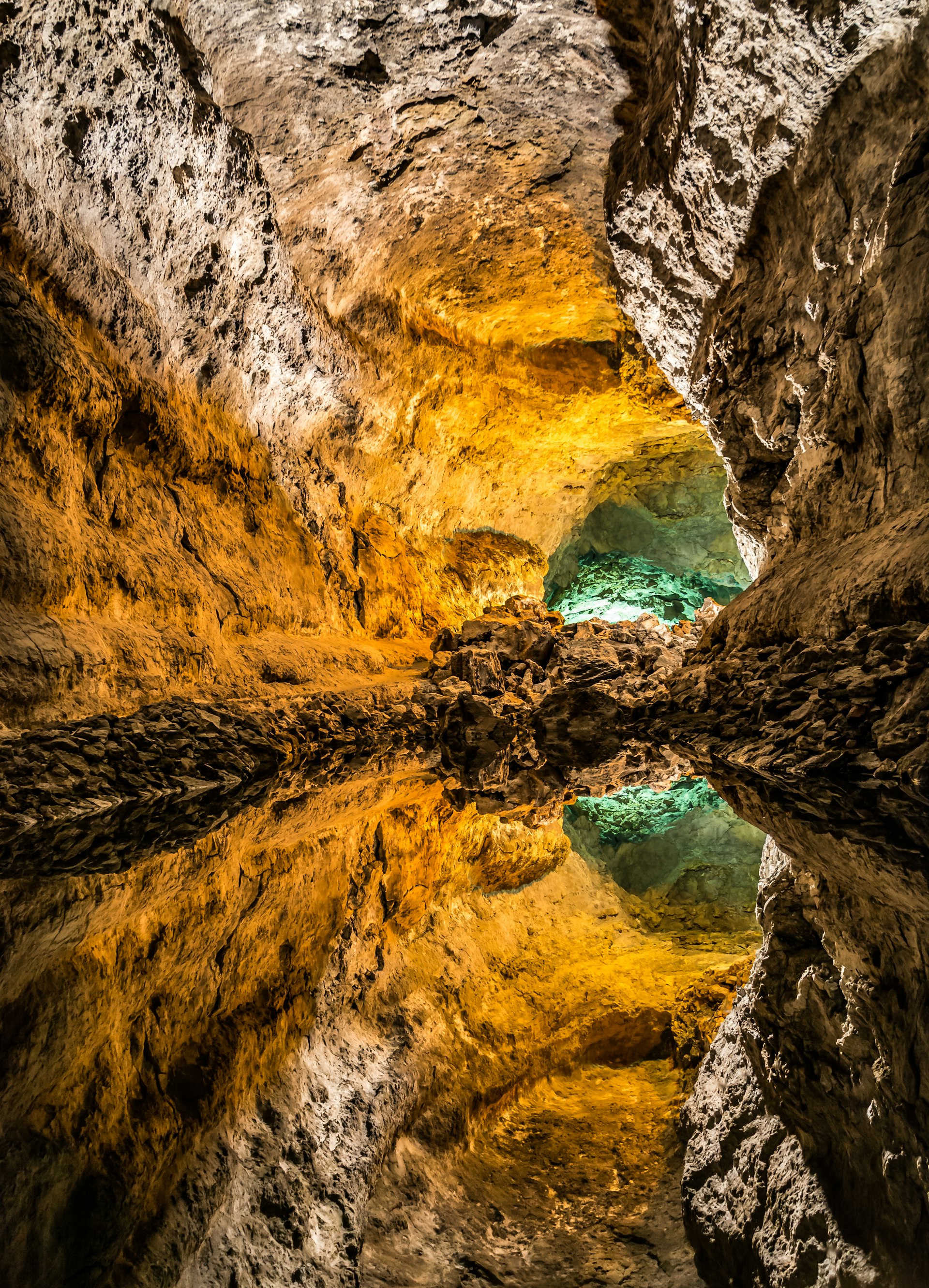 Reflections inside Cueva de los Verdes (lava tube cave) in Lanzarote, Spain