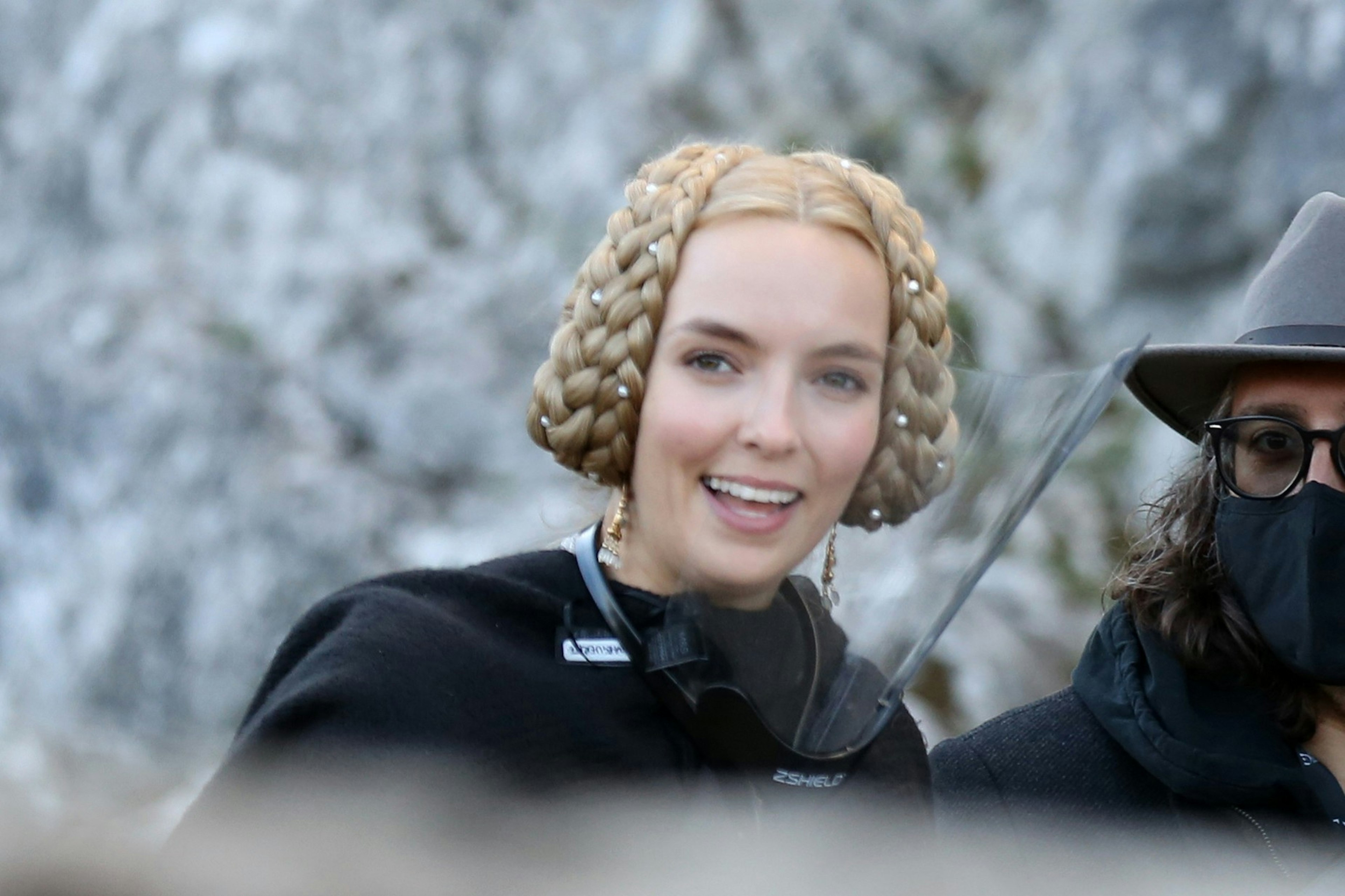 Jodie Comer wearing plaits on the set of The Last Duel at Cahir Castle