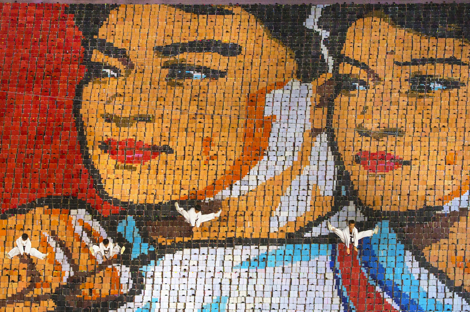 Children holding cards to form pictorial mosaic at Arirang Mass Games At May Day Stadium