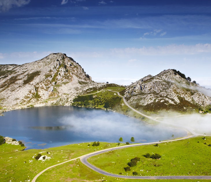 Lake Enol, one of the Lakes of Covadonga as seen from La Picota in Picos De Europa.
