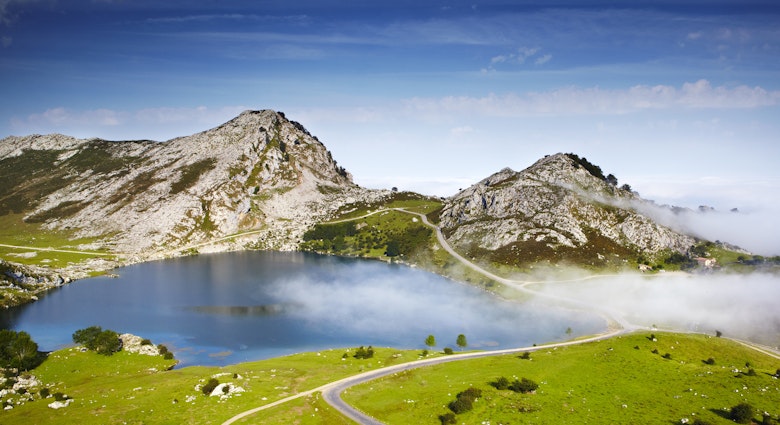 Lake Enol, one of the Lakes of Covadonga as seen from La Picota in Picos De Europa.
