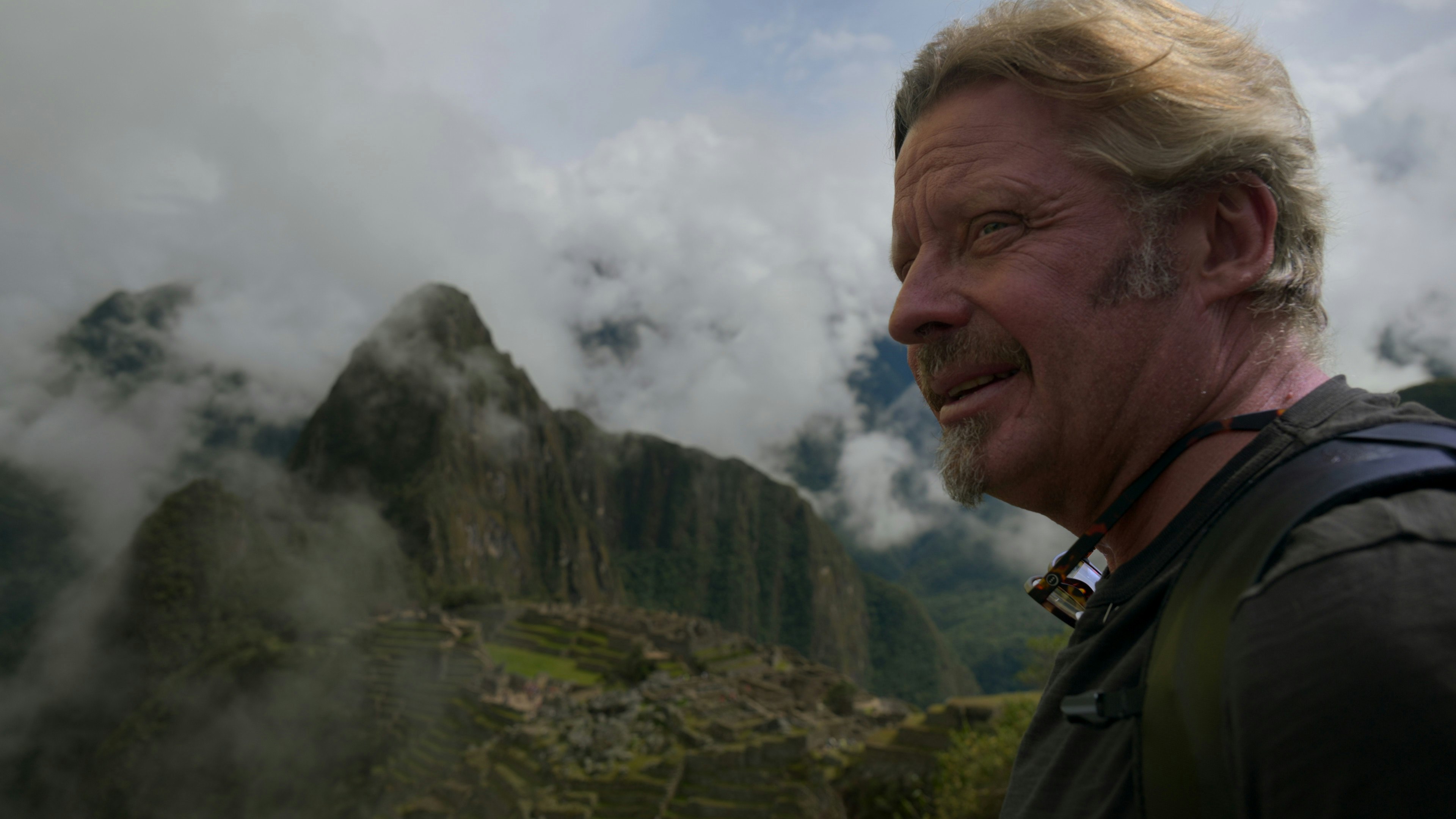 Close up of Charley looking out over Machu Picchu