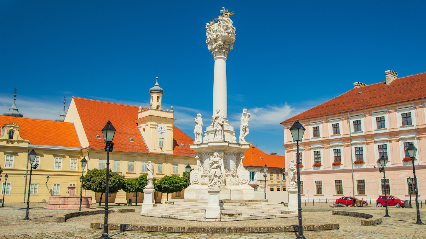 Holy trinity square in the historic town of Osijek, Croatia is a highlight of the Slavonia region