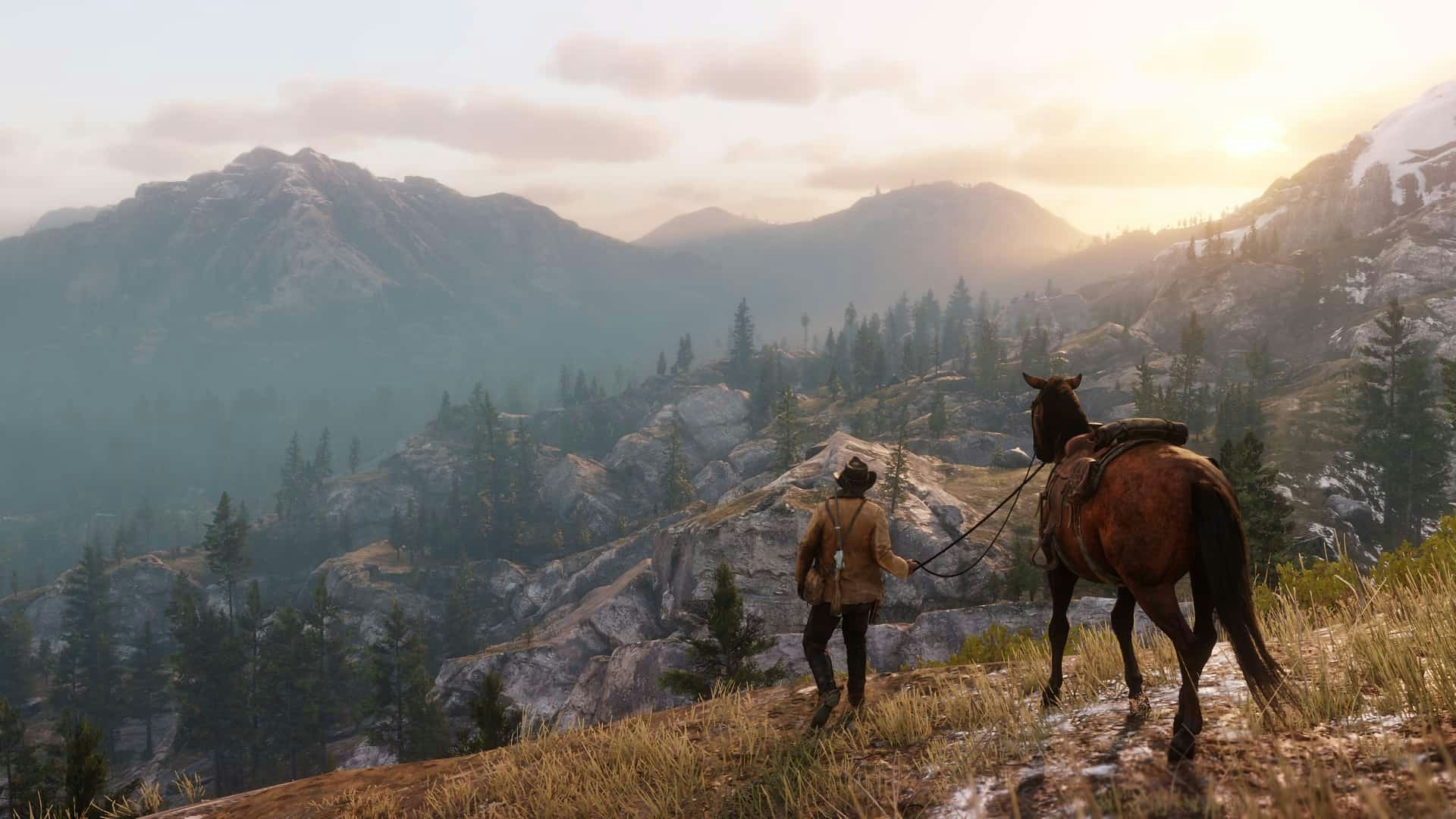 The main character from the video game Red Dead Redemption 2 and his horse stand on a hill overlooking the rolling hills and desert landscapes of the Wild West.