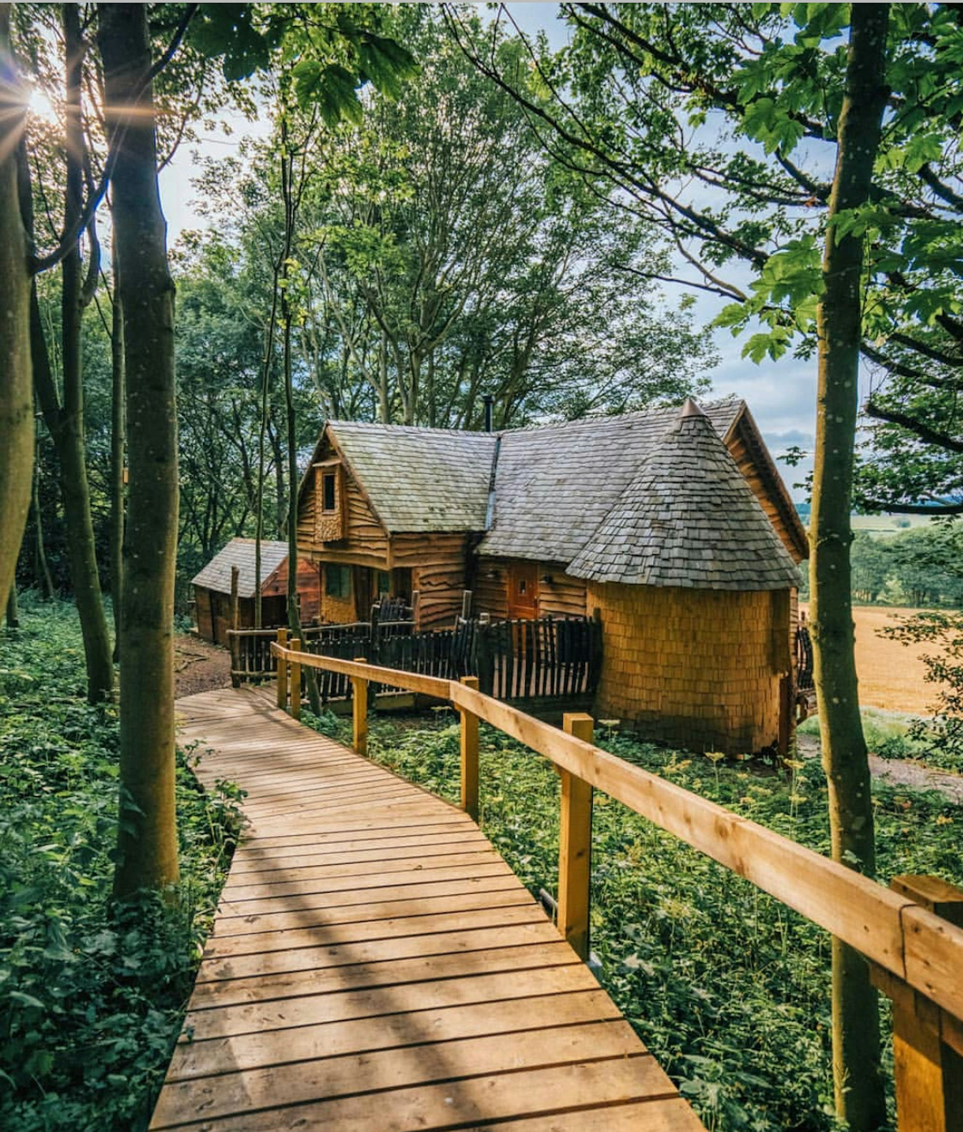 A wooden walkway leads to a turreted wooden building among woodland