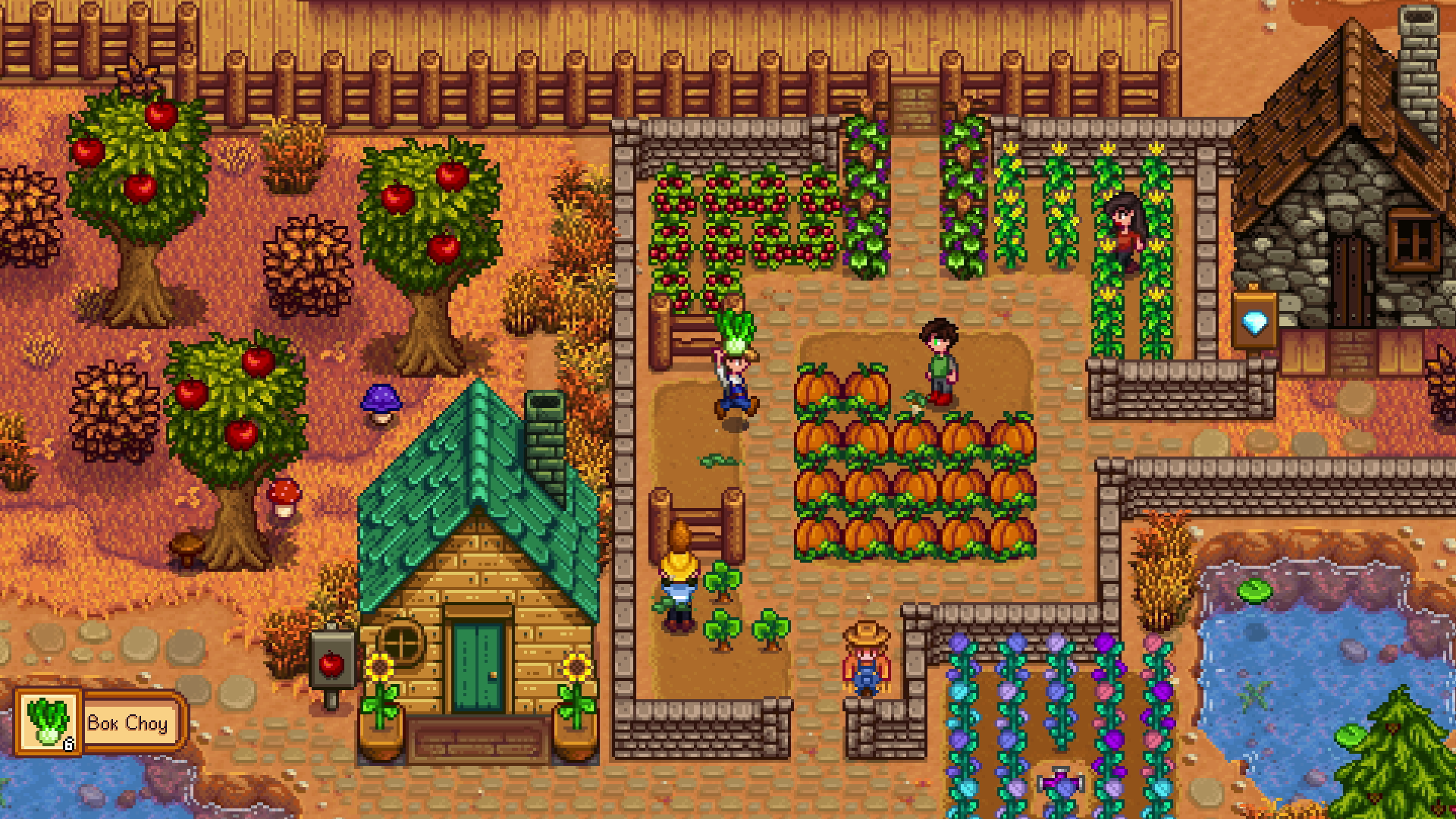 A screenshot from the game Stardew Valley, where the player stands next to a vegetable patch outside their farm. The game implements retro graphics, and a top-down view of the world, common on older video games.