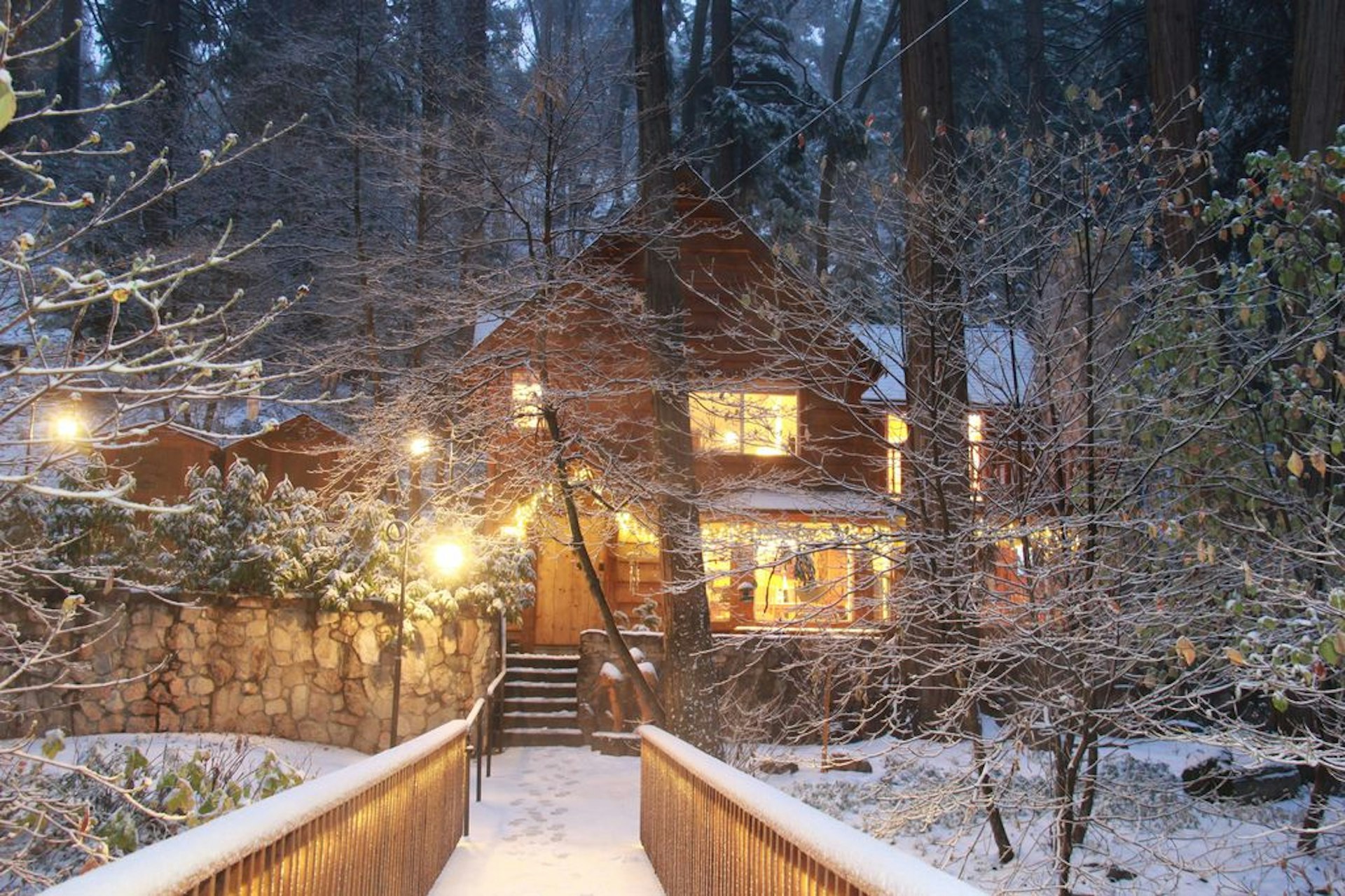 A cabin in the woods at night, lit up and covered with snow 