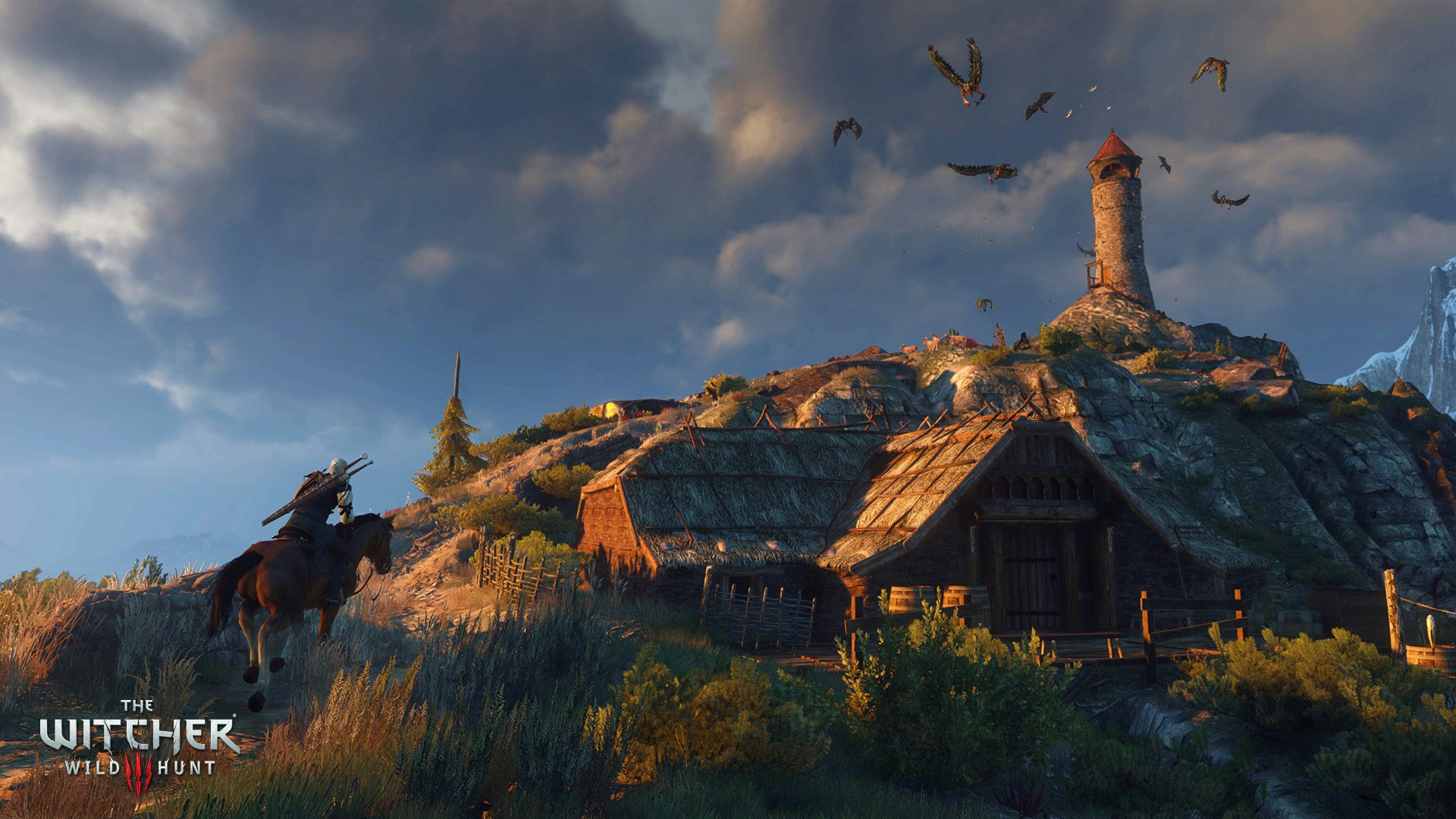 Geralt rides his horse up a hill towards a lone lighthouse in a screenshot from the game The Witcher 3: Wild Hunt
