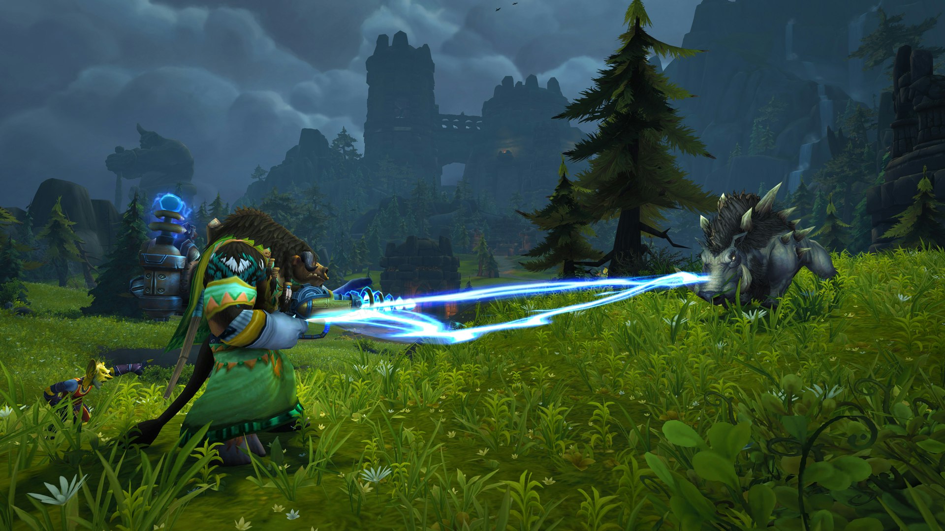 A character in the World of Warcraft game fights a boar in the countryside.