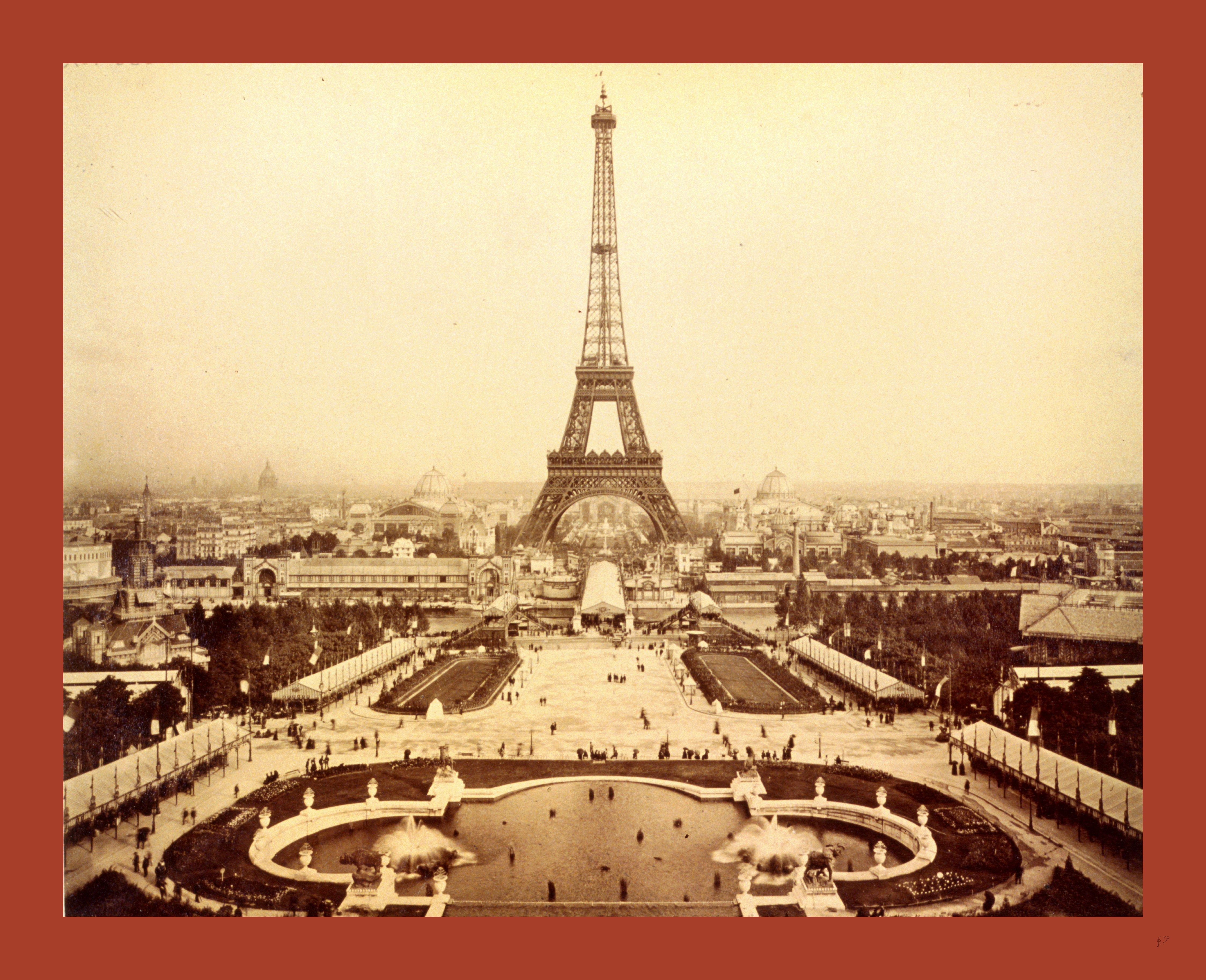 A black and white picture of the Eiffel Tower with a red border.