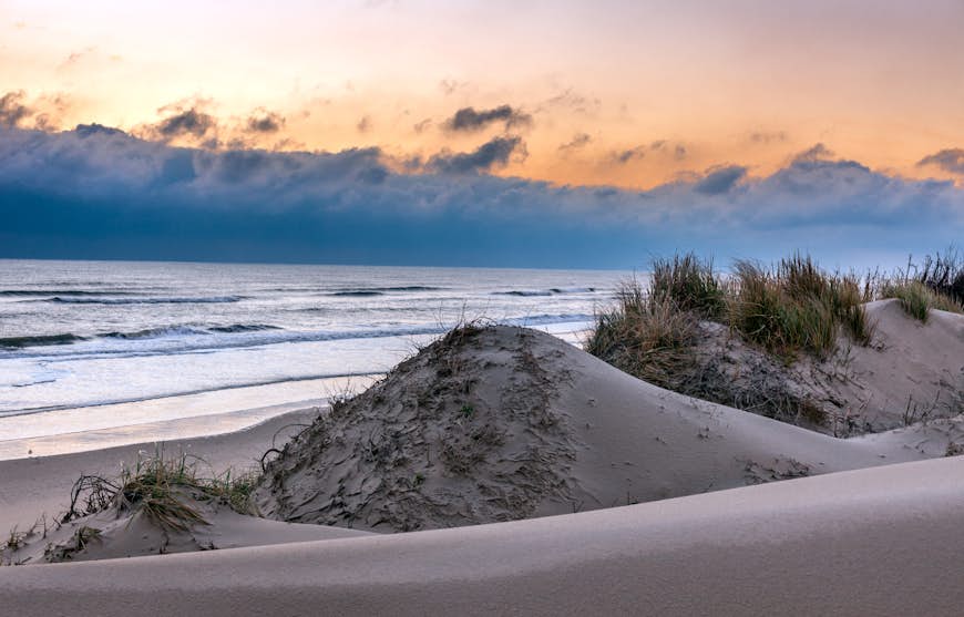 Dunes de sable pendant le lever du soleil d'hiver sur la plage des Outer Banks