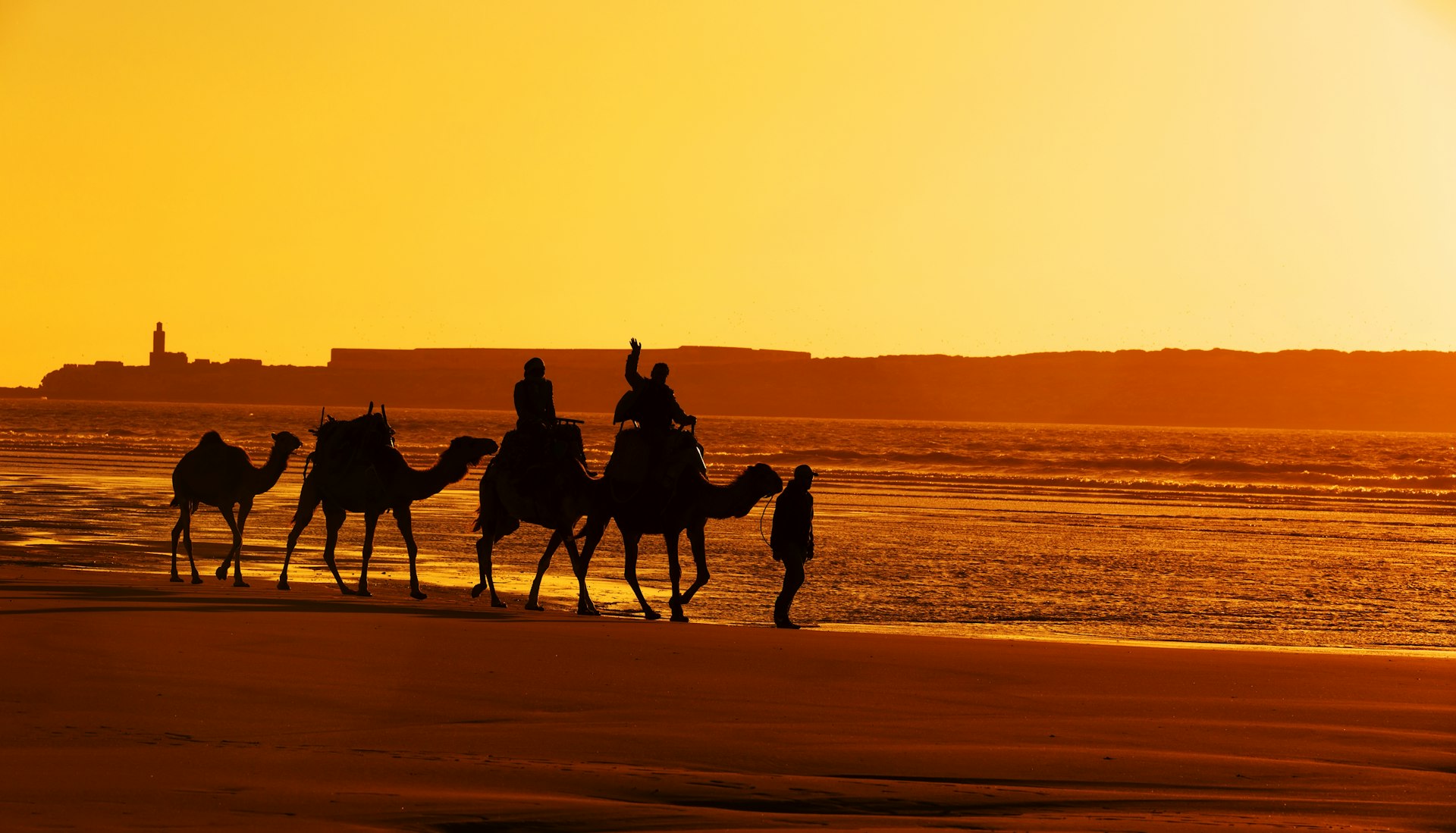 A pair of people ride on camels on the beach in Essaouria, Morocco at sunset 