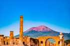 The famous antique site of Pompeii, near Naples. It was completely destroyed by the eruption of Mount Vesuvius. One of the main tourist attractions in Italy.