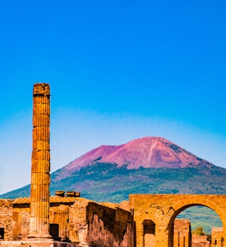 The famous antique site of Pompeii, near Naples. It was completely destroyed by the eruption of Mount Vesuvius. One of the main tourist attractions in Italy.