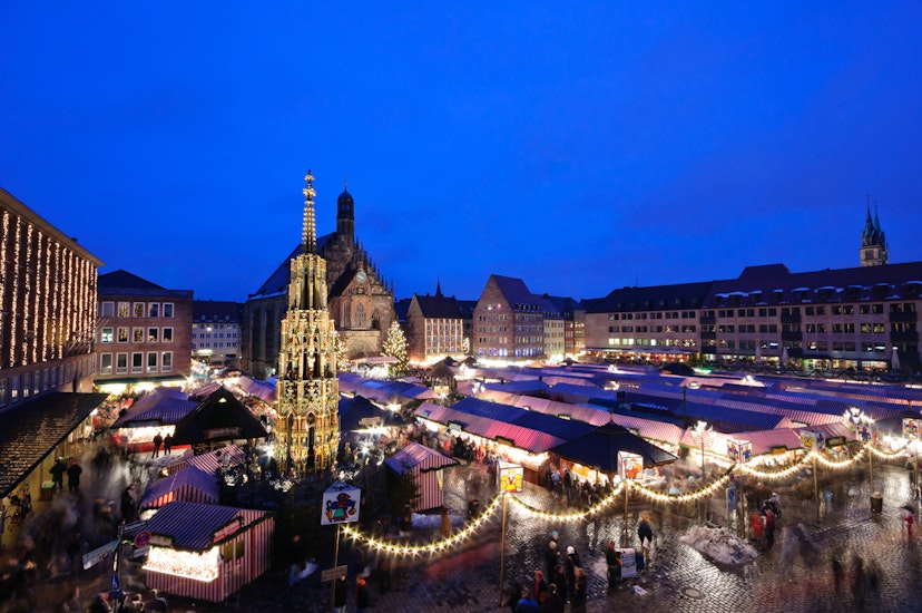 Christkindlesmarkt at dusk  on 12. December. 2010 in Nuremberg, Bavaria, Germany. It is one of the large christmas markets in Germany.