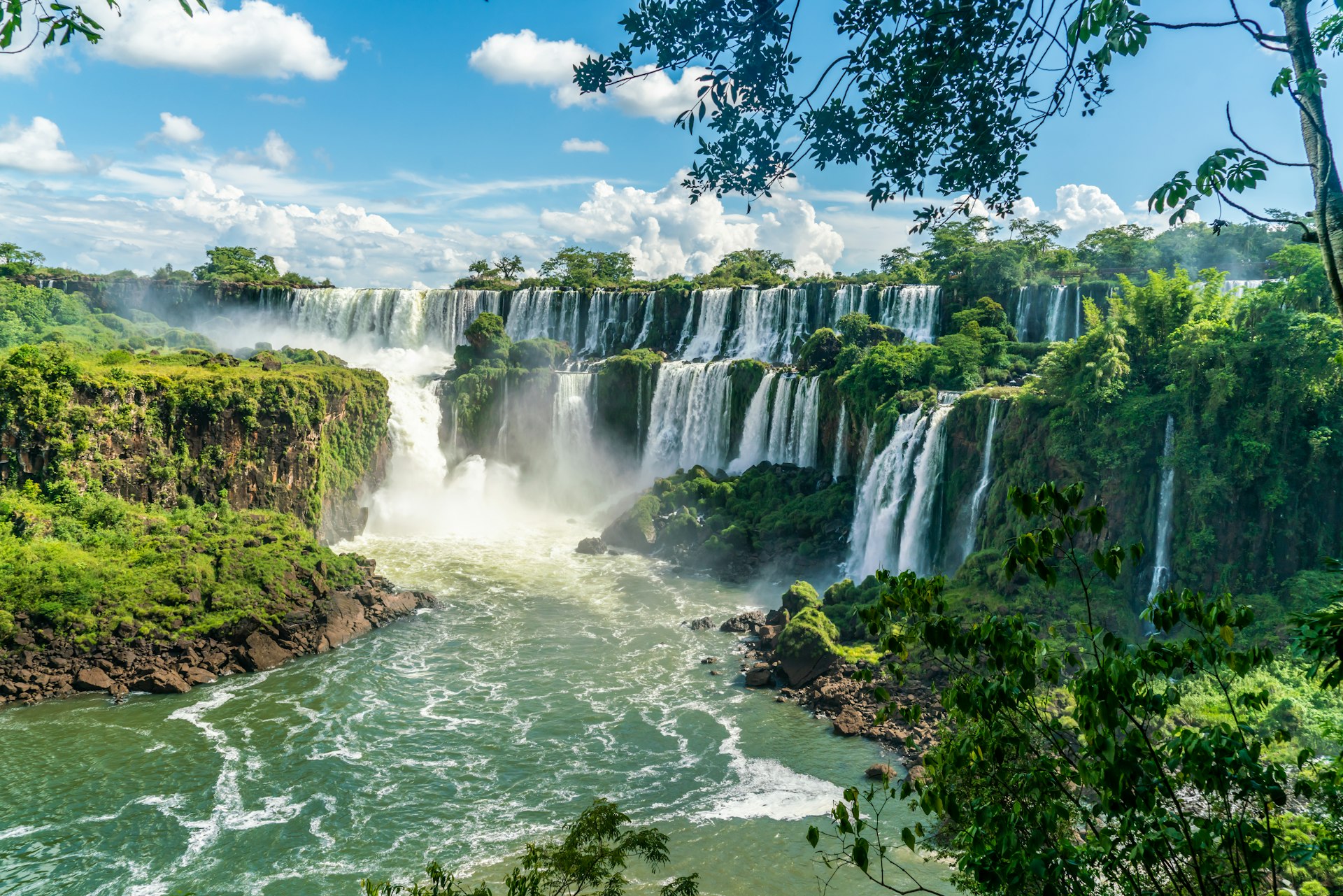 A wide view of the stunning Iguazu Falls in Brazil