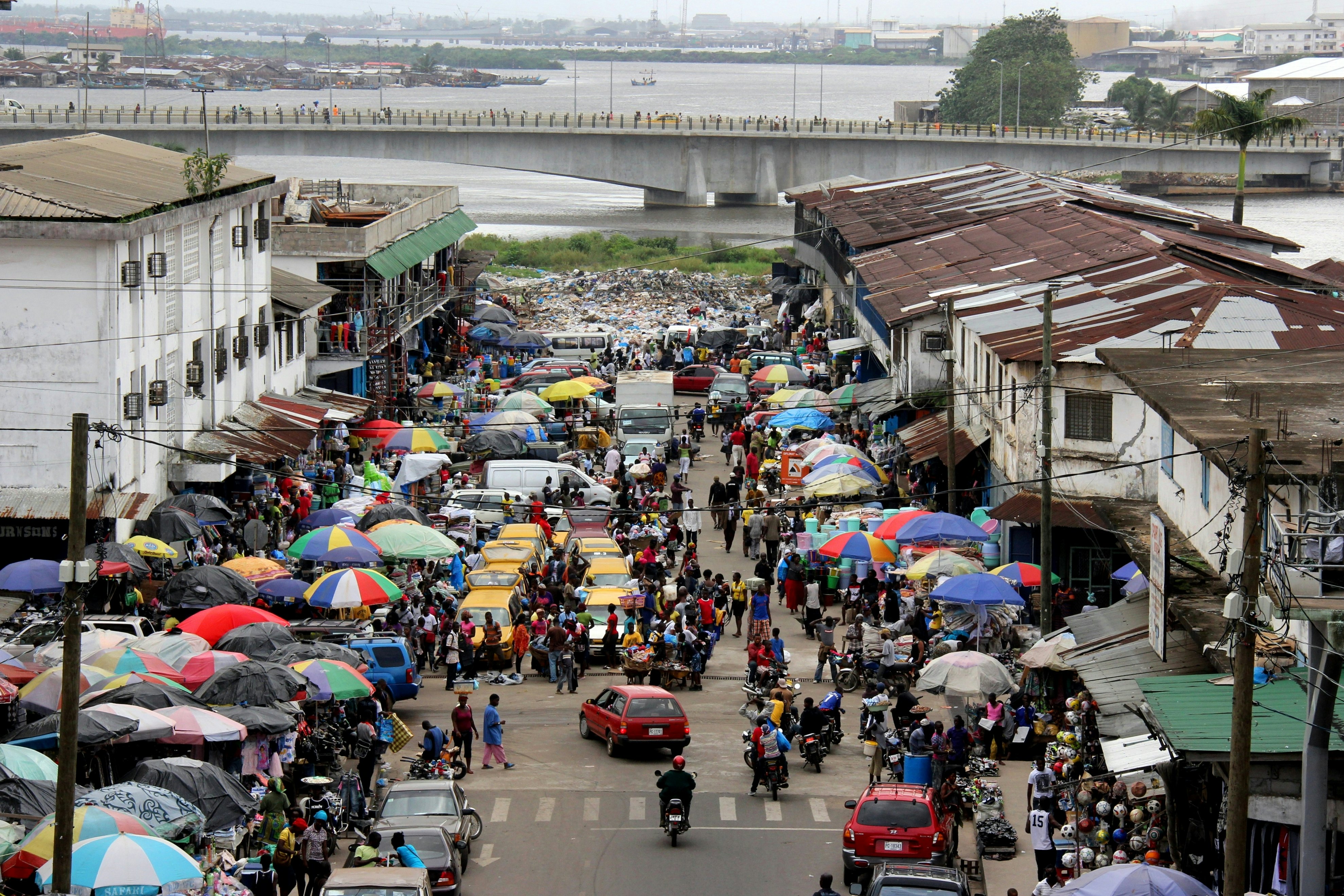 Waterside Market, looking north down Randall Street. In Monrovia, Liberia.