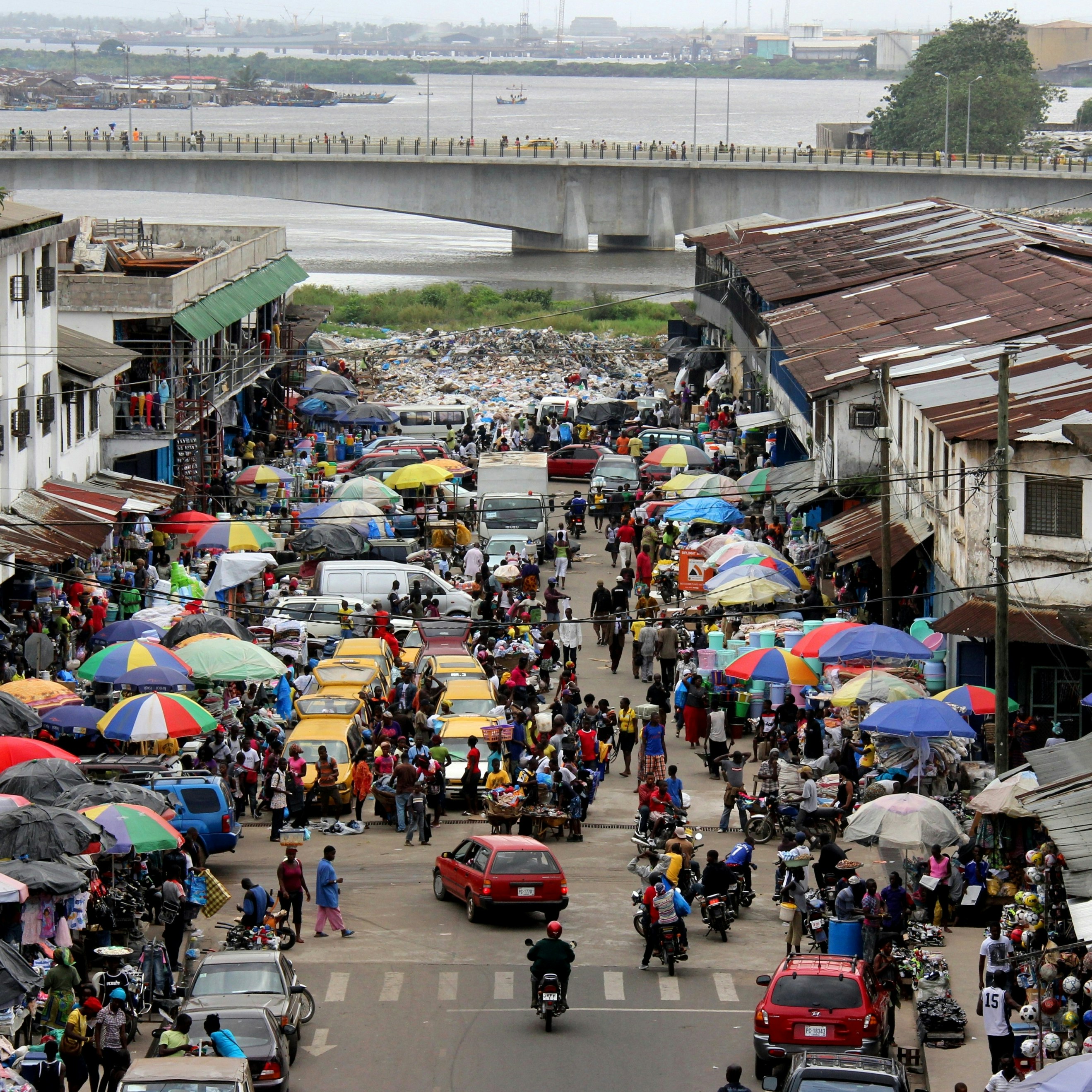 Waterside Market, looking north down Randall Street. In Monrovia, Liberia.